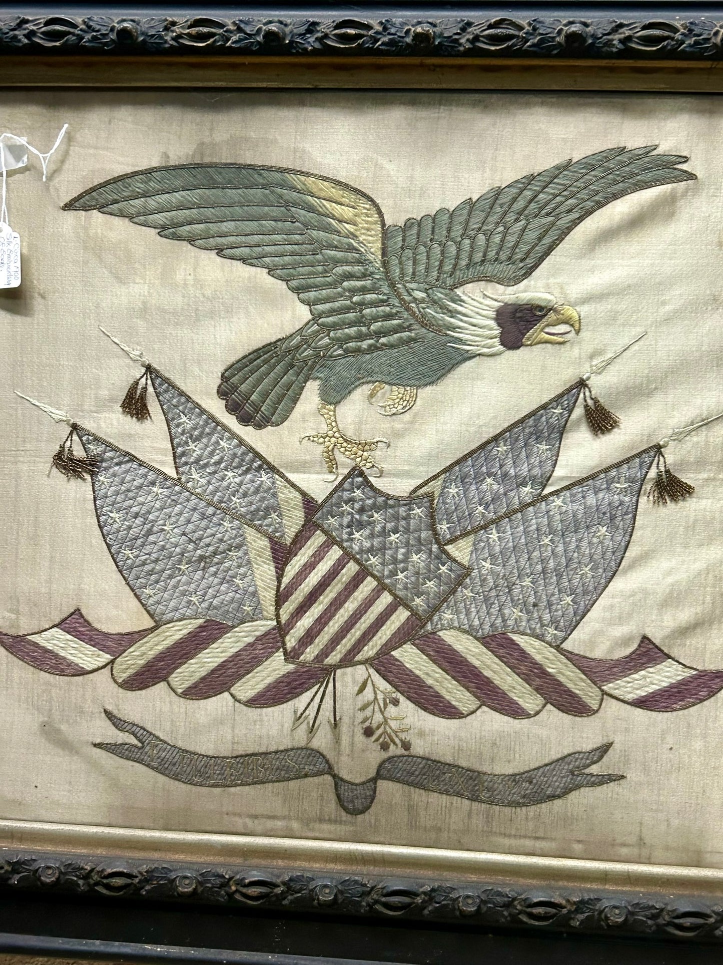 PATRIOTIC SILK EMBROIDERY OF EAGLE, FLAGS, AND SHIELD CIRCA 1900