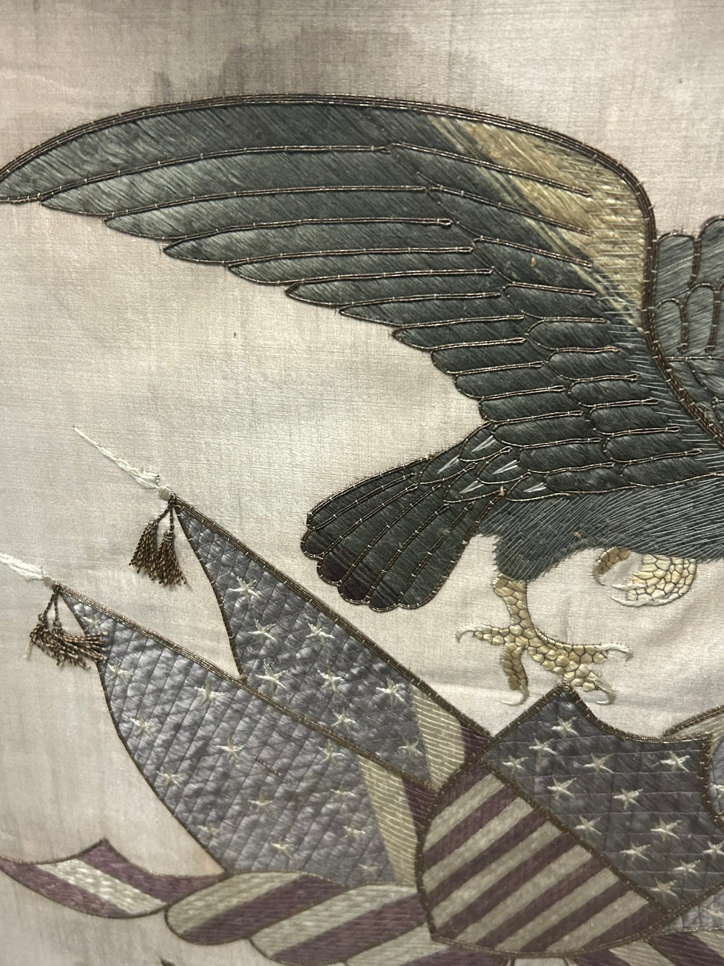 PATRIOTIC SILK EMBROIDERY OF EAGLE, FLAGS, AND SHIELD CIRCA 1900