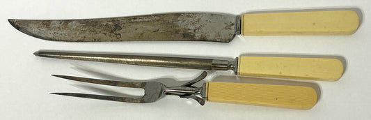 ANTIQUE MEAT CARVING SET WITH CELLULOID HANDLES