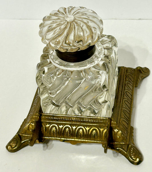 BACCARAT SWIRL GLASS INKWELL ON BRASS BASE