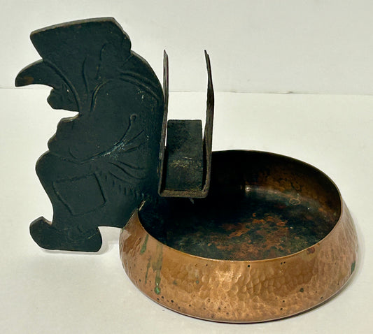ARTS & CRAFTS HAMMERED ASHTRAY AND MATCH HOLDER WITH FIGURAL METAL OLD WOMAN