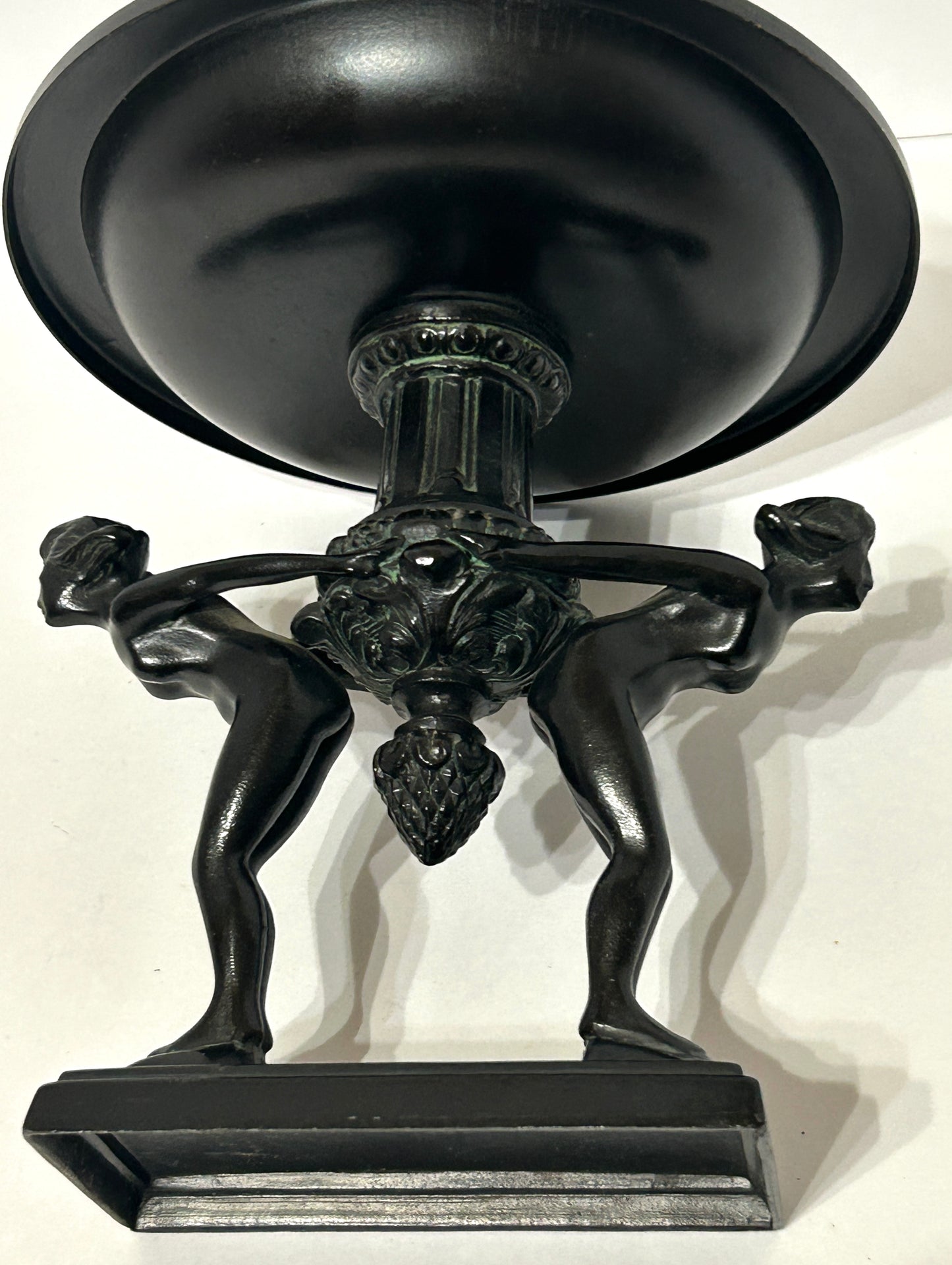 ART DECO DOUBLE FIGURAL NUDE ON BASE METAL COMPOTE