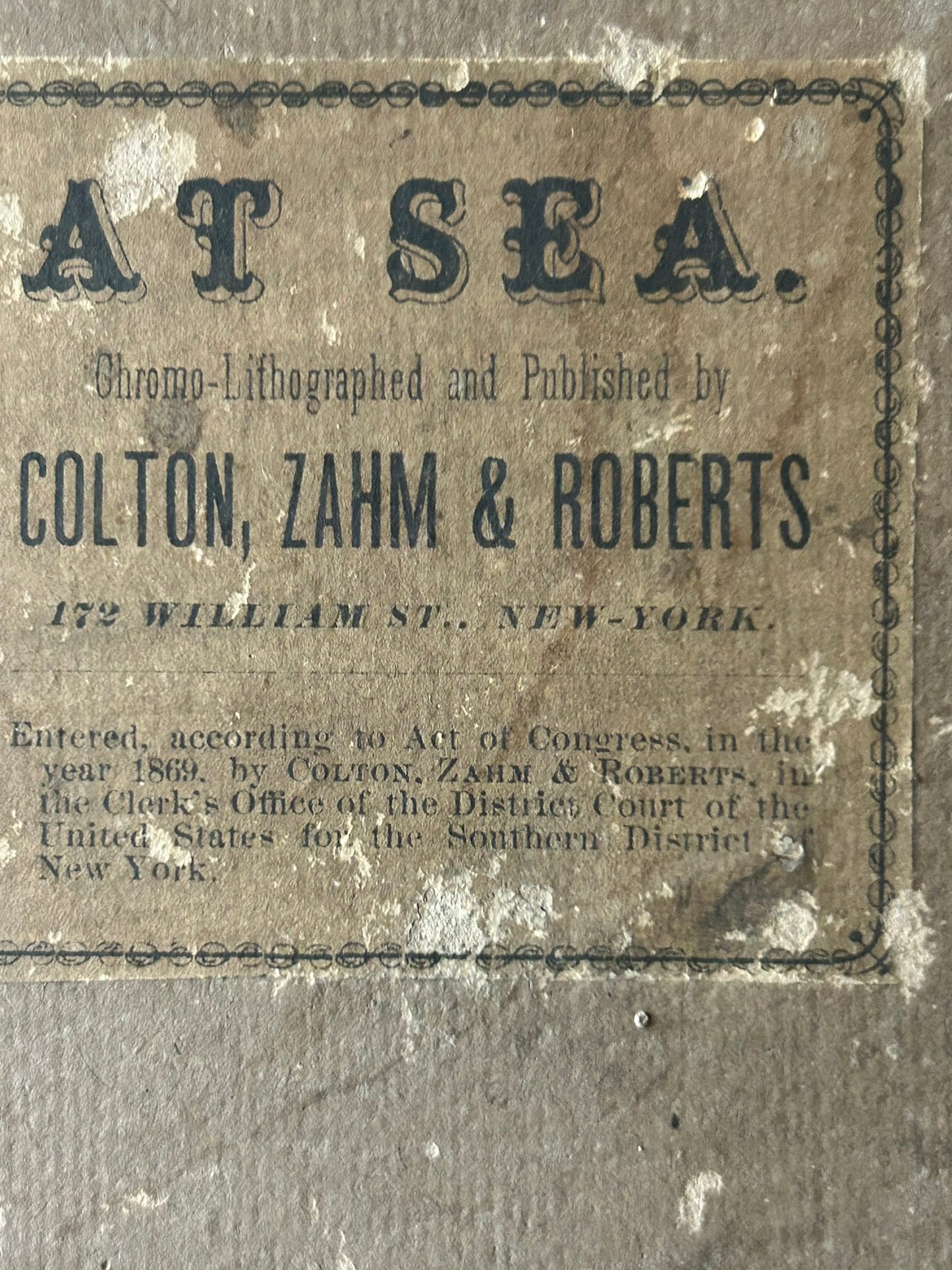 "AT SEA" CHROMO LITHO BY COLTON, ZAHM & ROBERTS