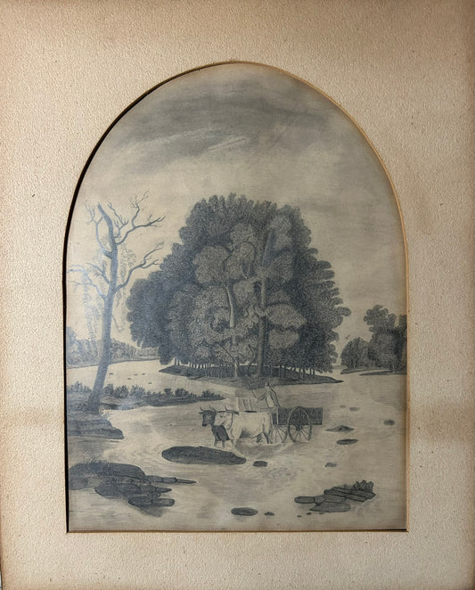 FOLK ART DRAWING OF OXEN PULLING WAGON