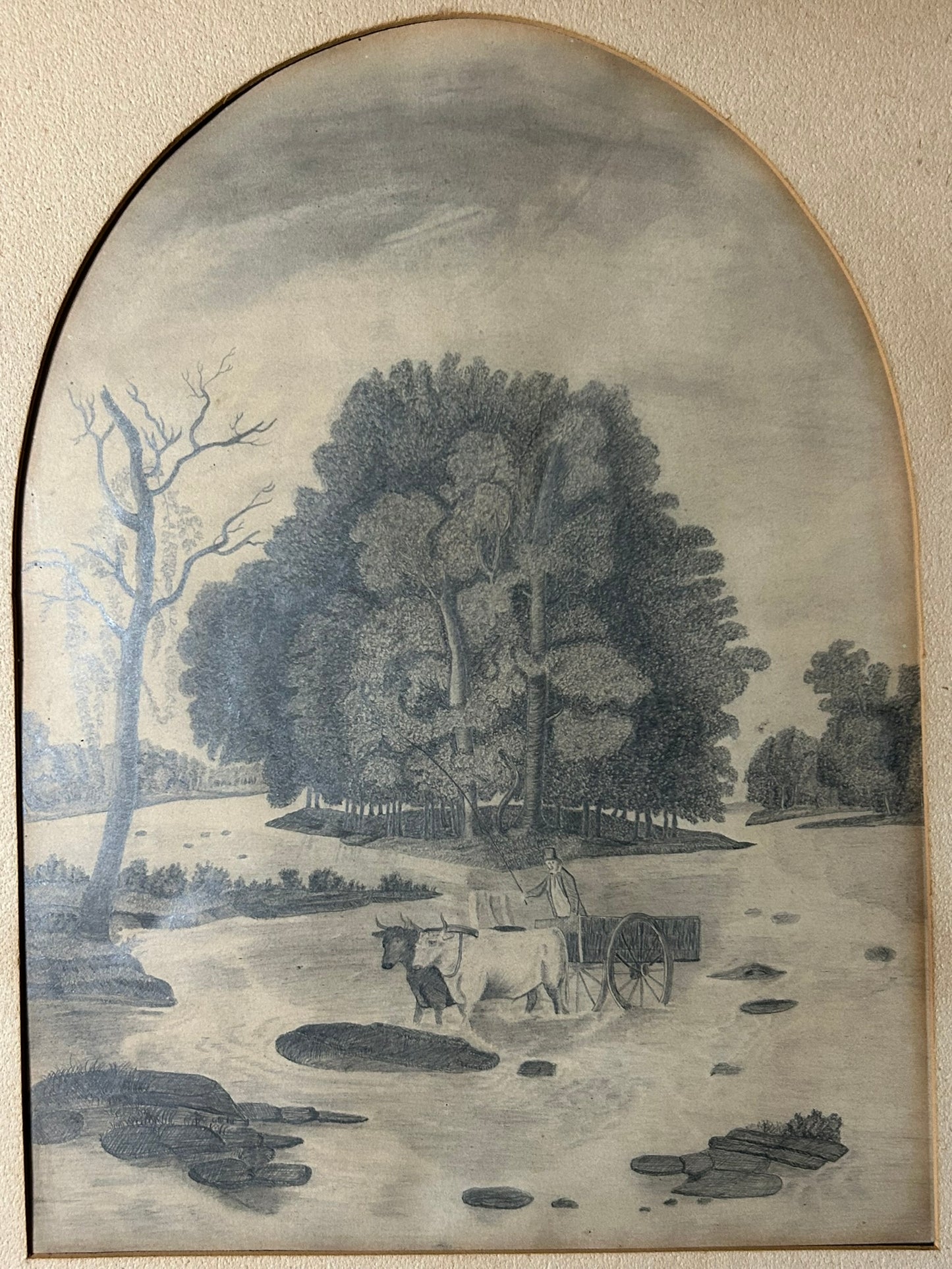 FOLK ART DRAWING OF OXEN PULLING WAGON