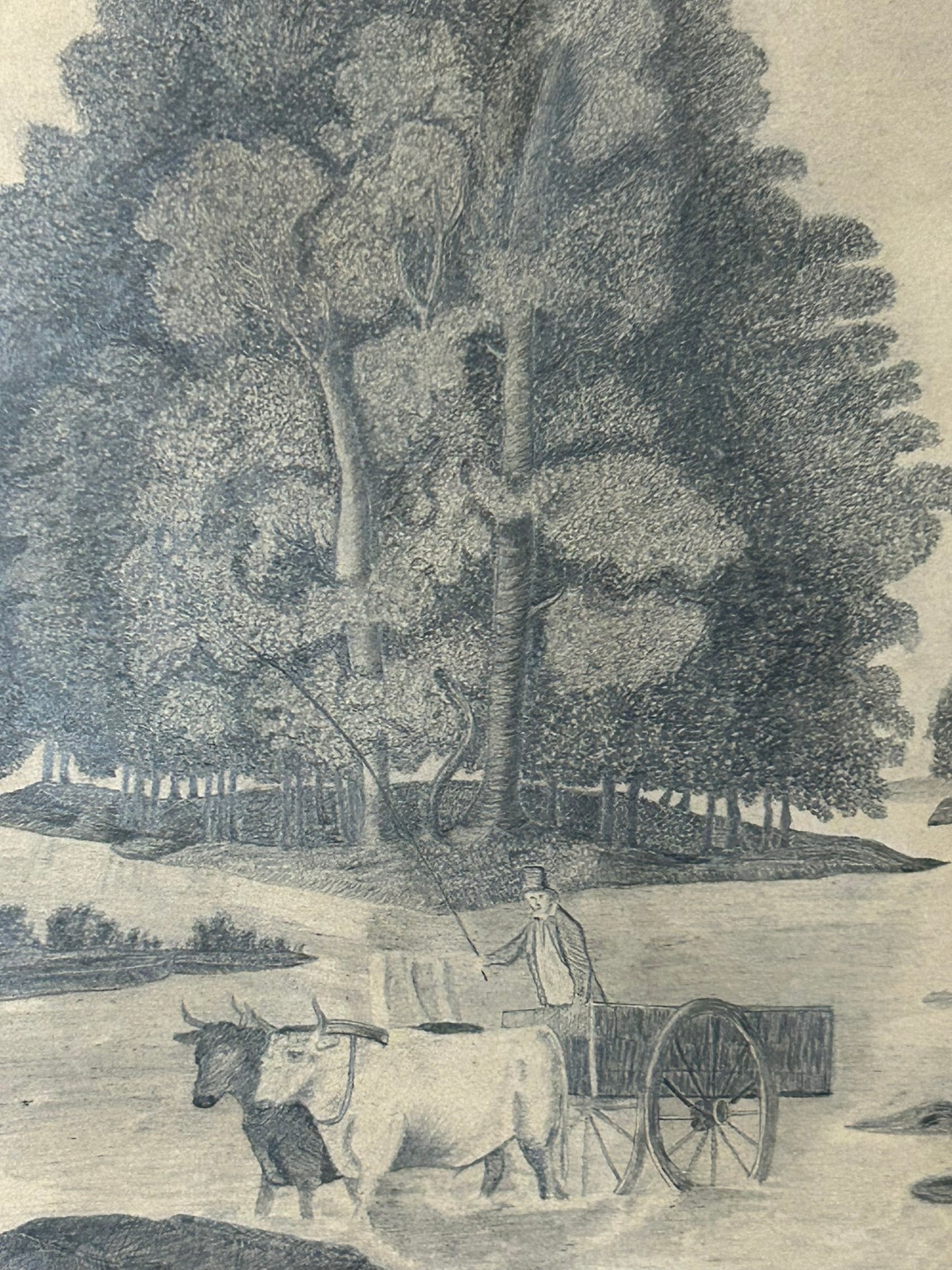 FOLK ART DRAWING OF OXEN PULLING WAGON