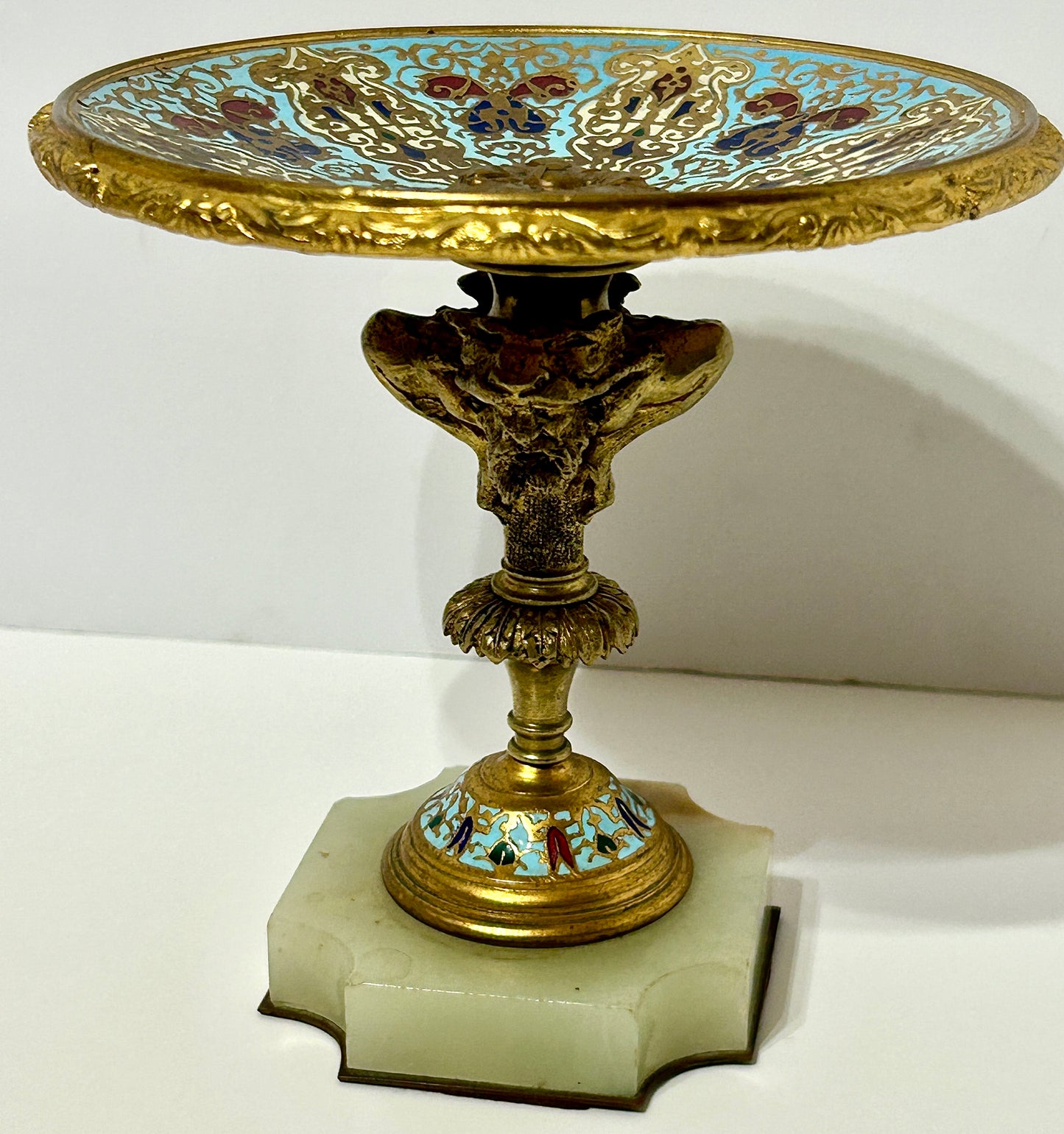 BRONZE CHAMPLEVE ENAMELED FRENCH TAZA ANTIQUE