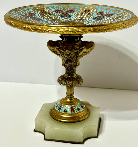 BRONZE CHAMPLEVE ENAMELED FRENCH TAZA ANTIQUE