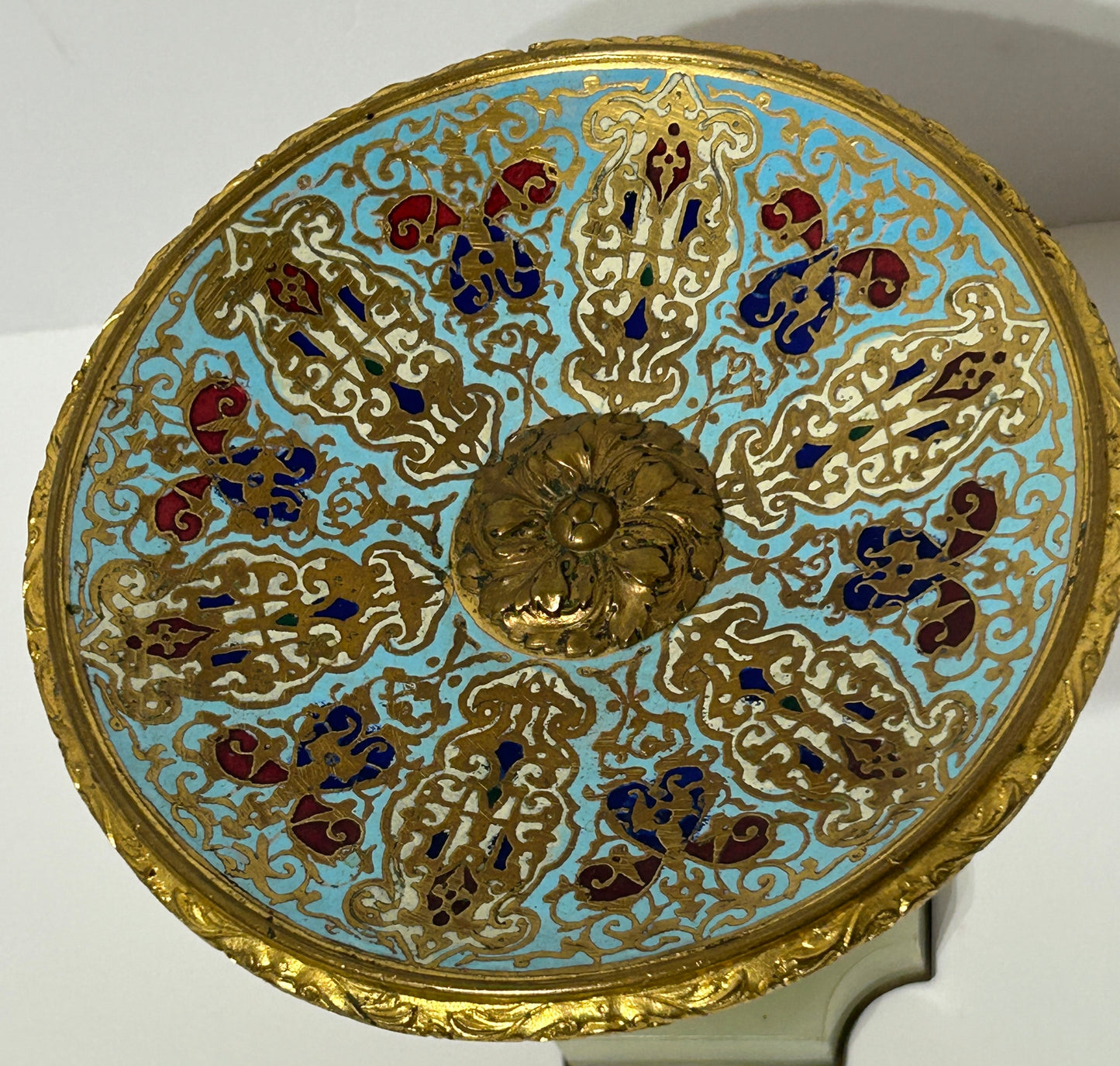 BRONZE CHAMPLEVE ENAMELED FRENCH TAZA ANTIQUE