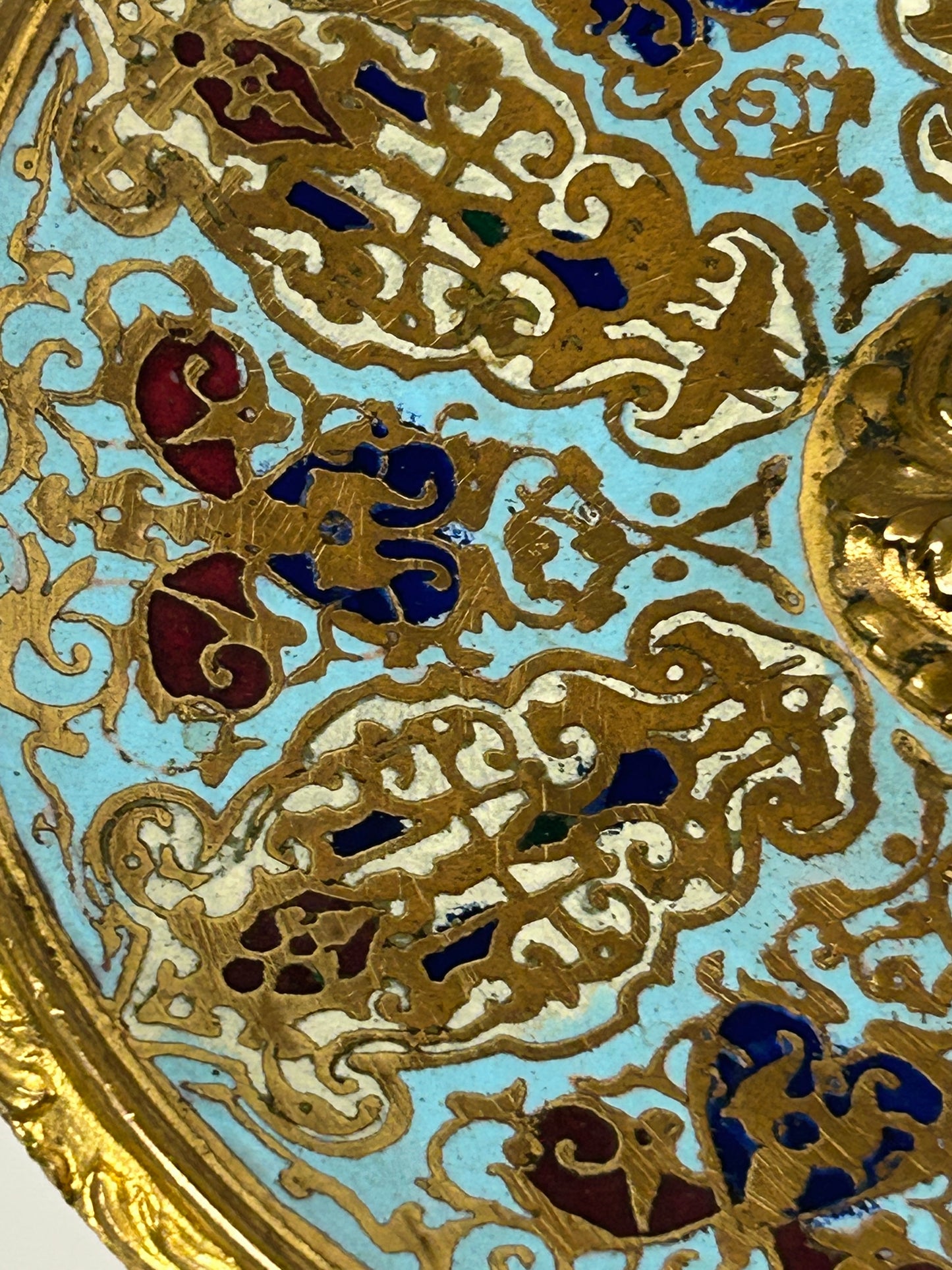 BRONZE CHAMPLEVE ENAMELED FRENCH TAZA ANTIQUE