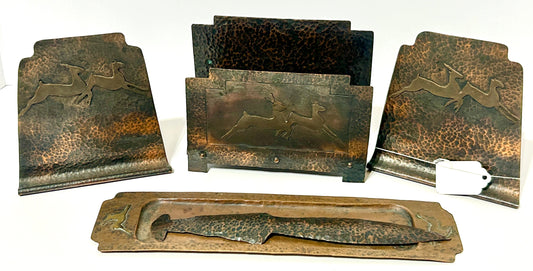 ARTS AND CRAFTS COPPER DESK SET WITH DEER DESIGN
