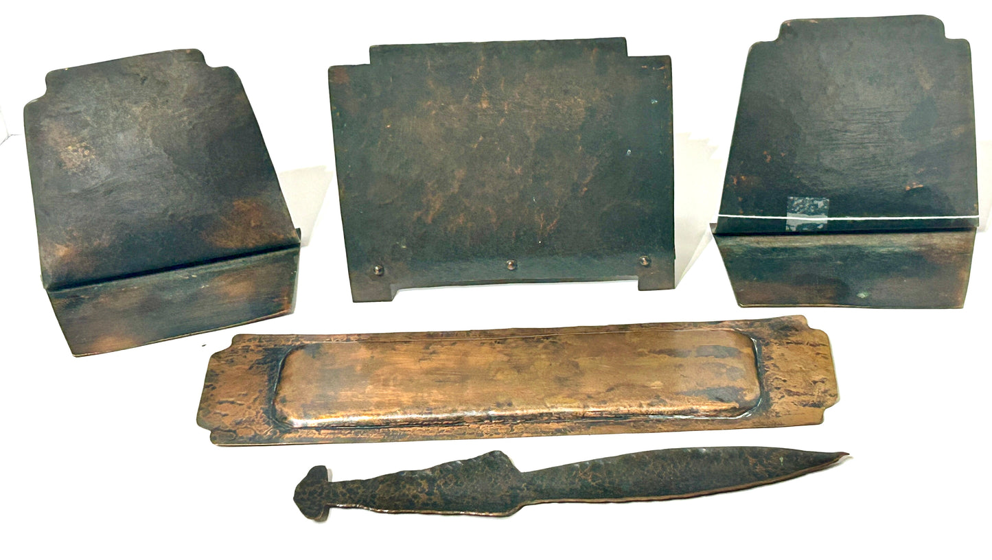 ARTS AND CRAFTS COPPER DESK SET WITH DEER DESIGN