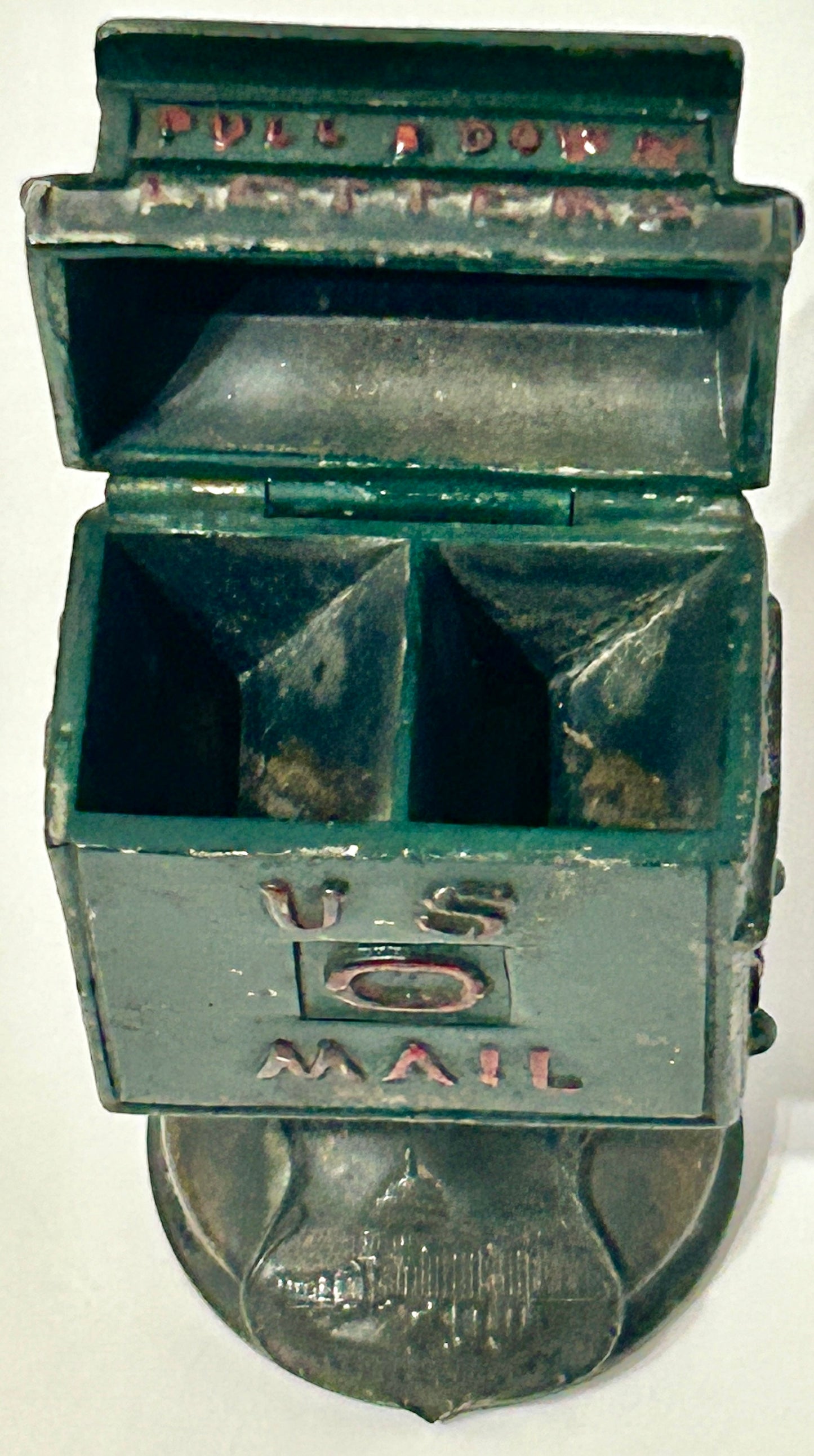 FIGURAL MAIL BOX IRON POSTAGE STAMP HOLDER