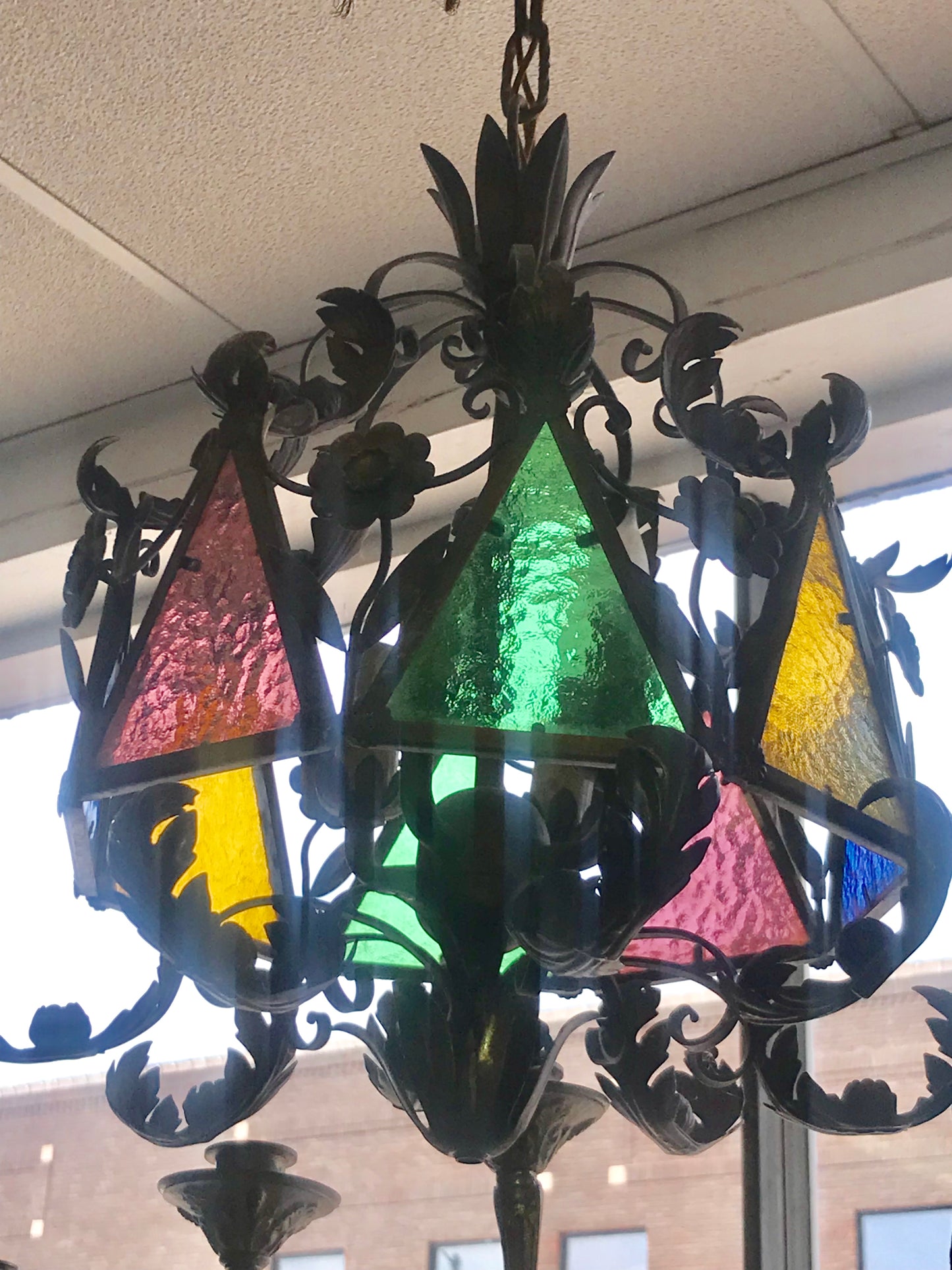 DECO STAINED GLASS PAIR OF 1930'S HANGING LIGHT FIXTURES