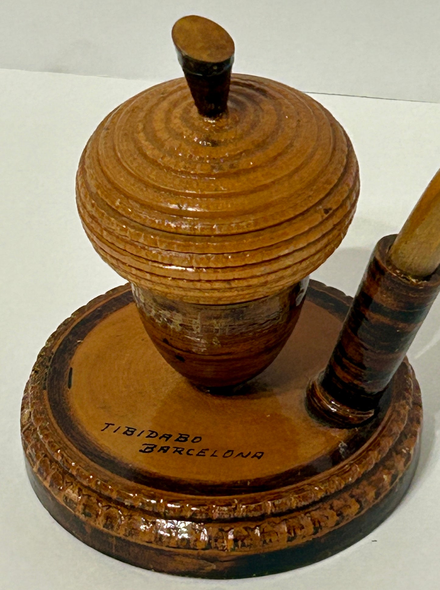 WOODEN ACORN SHAPE INKWELL AND PEN