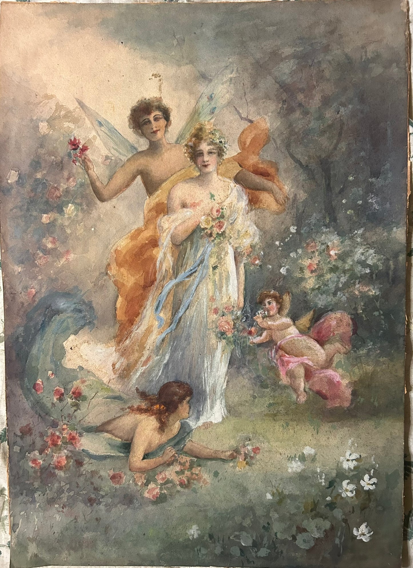 CHILDREN AND WOMAN WATERCOLOR PAINTING FROM EARLY 1900