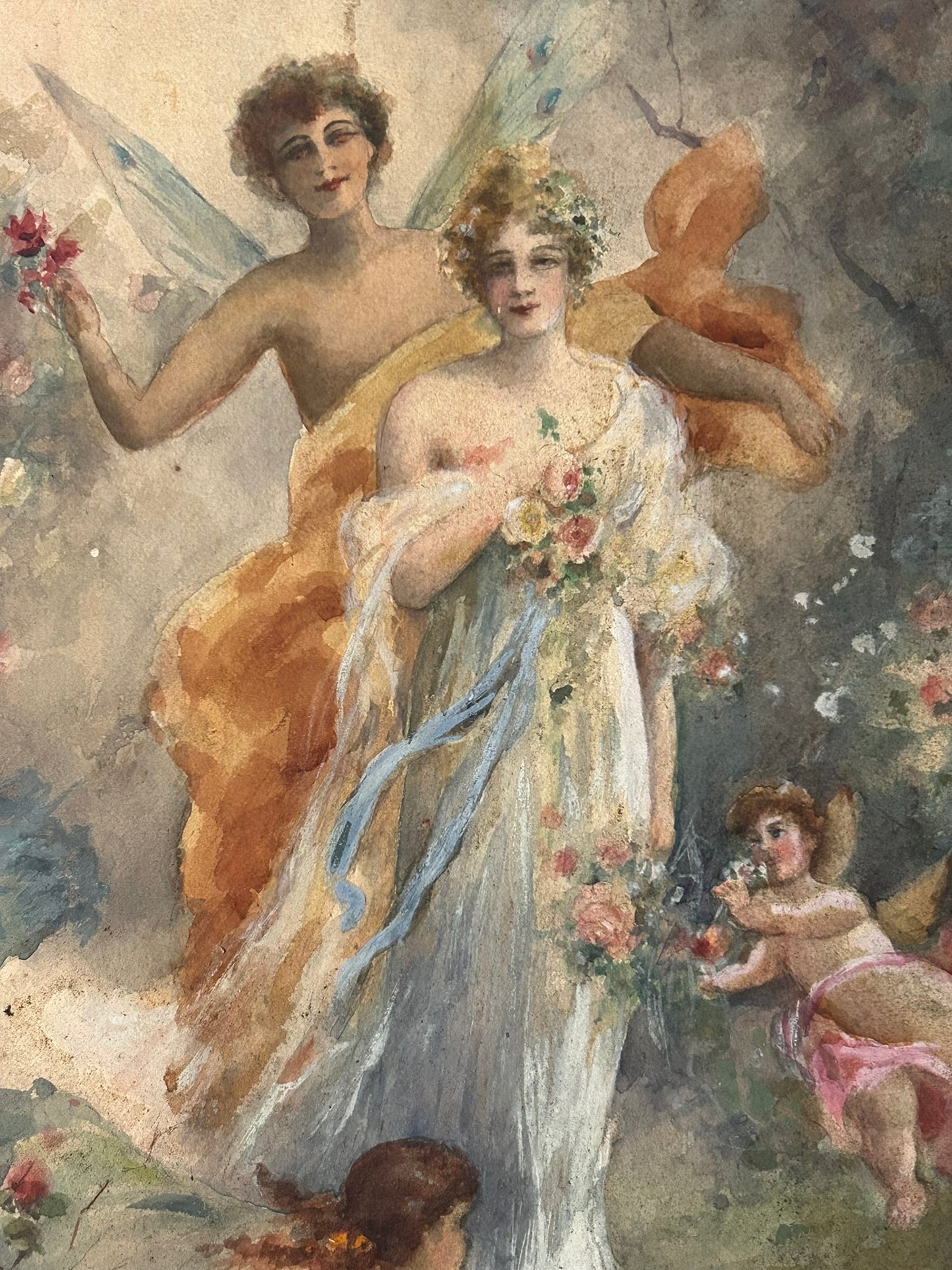 CHILDREN AND WOMAN WATERCOLOR PAINTING FROM EARLY 1900