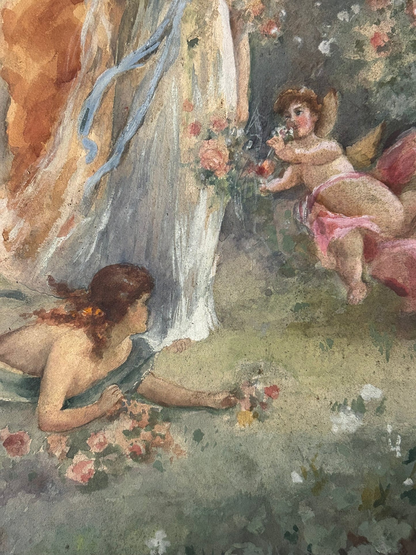 CHILDREN AND WOMAN WATERCOLOR PAINTING FROM EARLY 1900