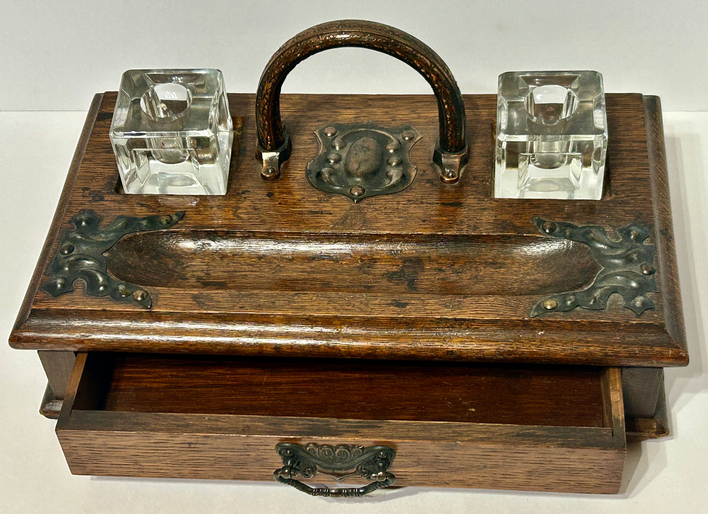 ANTIQUE WOOD DESKTOP INKWELL HOLDER WITH DRAWER