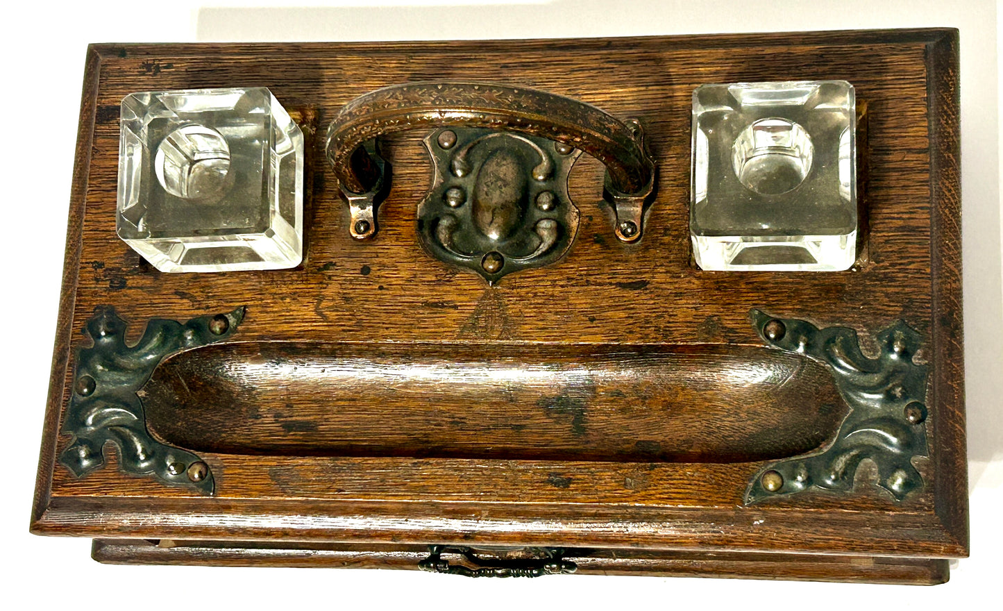 ANTIQUE WOOD DESKTOP INKWELL HOLDER WITH DRAWER