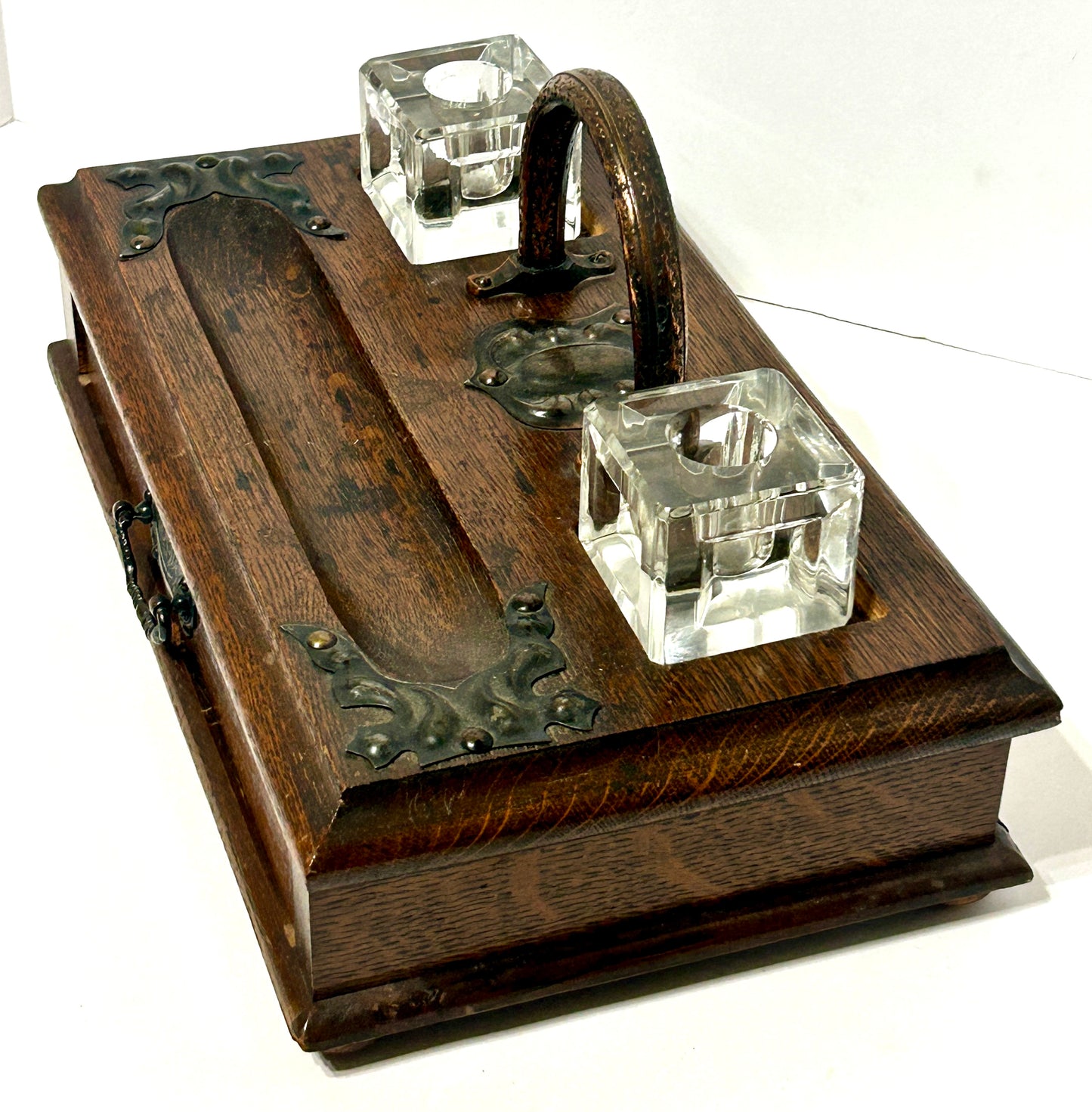 ANTIQUE WOOD DESKTOP INKWELL HOLDER WITH DRAWER