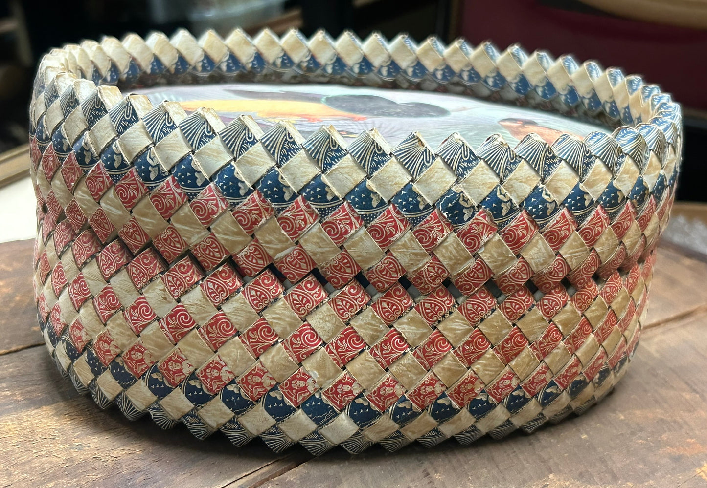 FOLK ART ANTIQUE BOX MADE FROM FOLDED PLAYING CARDS