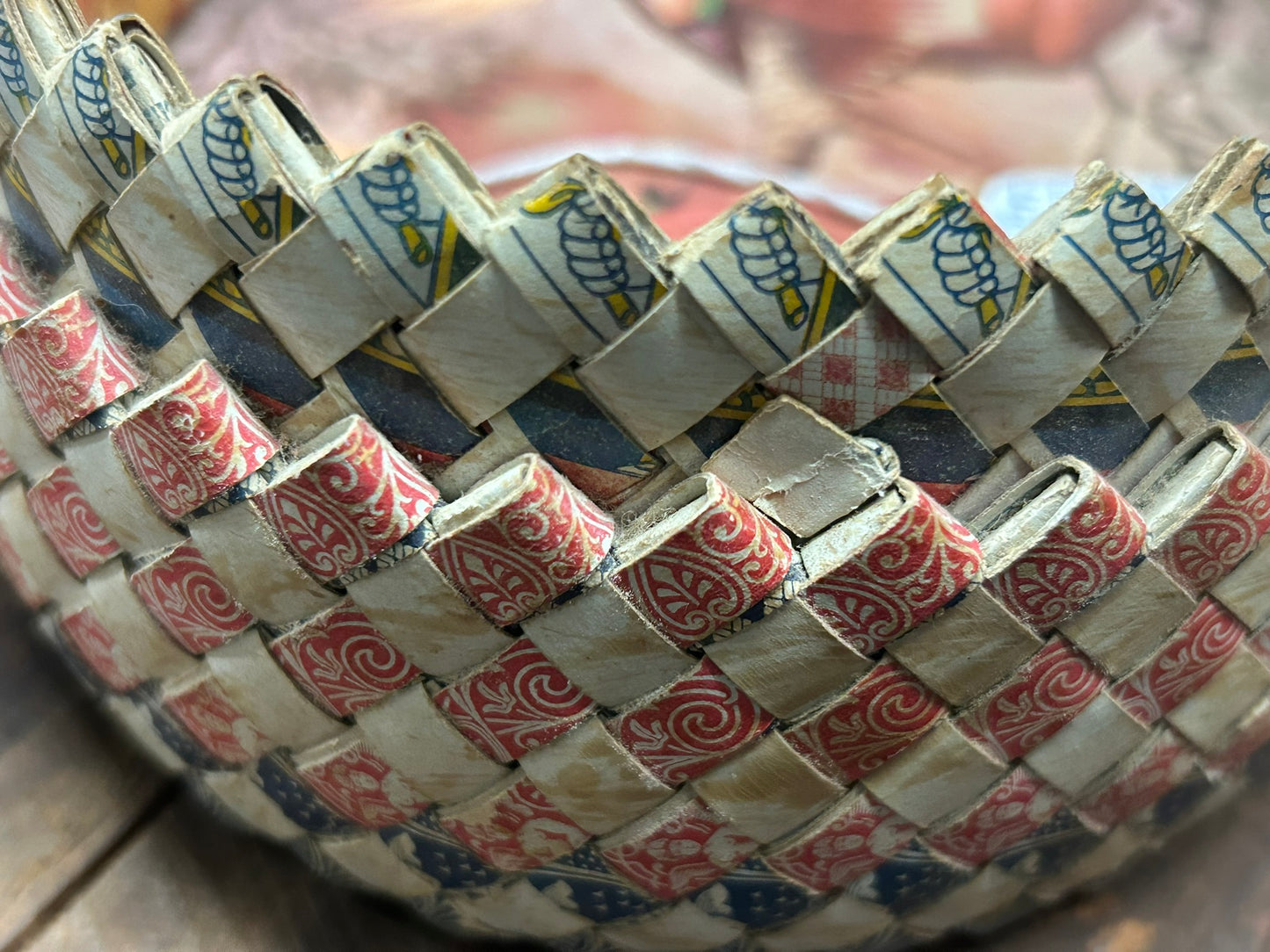 FOLK ART ANTIQUE BOX MADE FROM FOLDED PLAYING CARDS