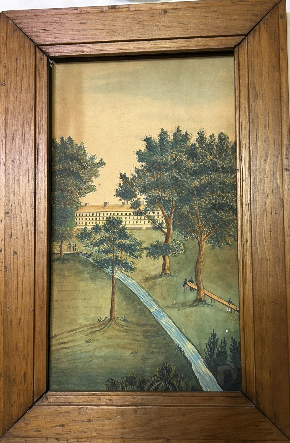 FOLK ART ANTIQUE PAINTING OF LARGE BUILDING AND PEOPLE