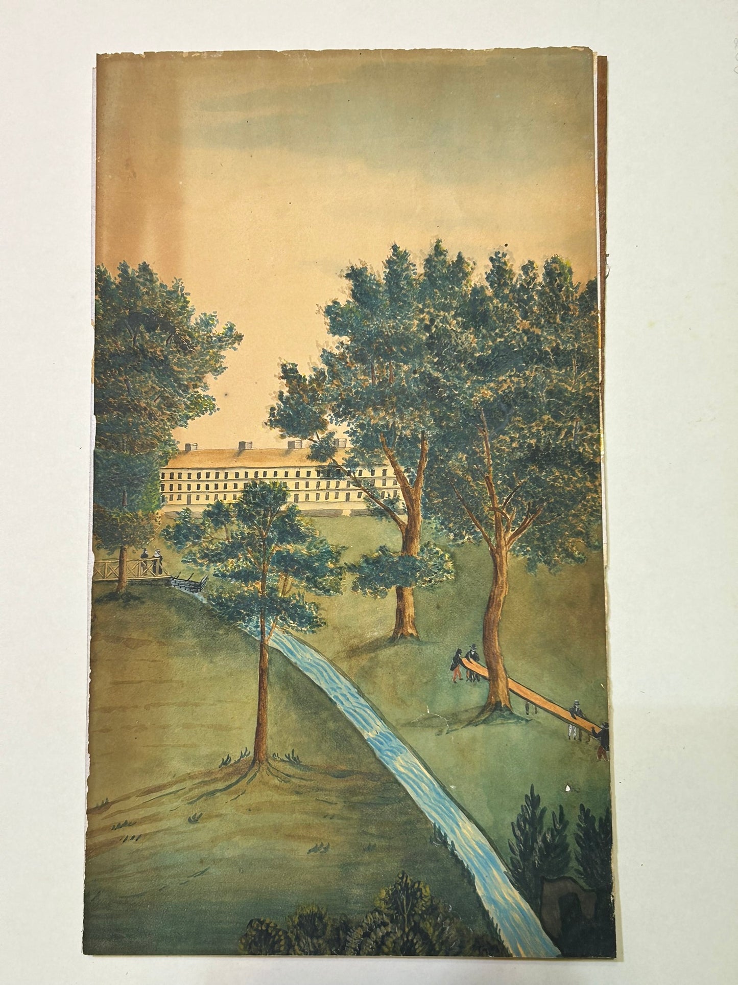 FOLK ART ANTIQUE PAINTING OF LARGE BUILDING AND PEOPLE