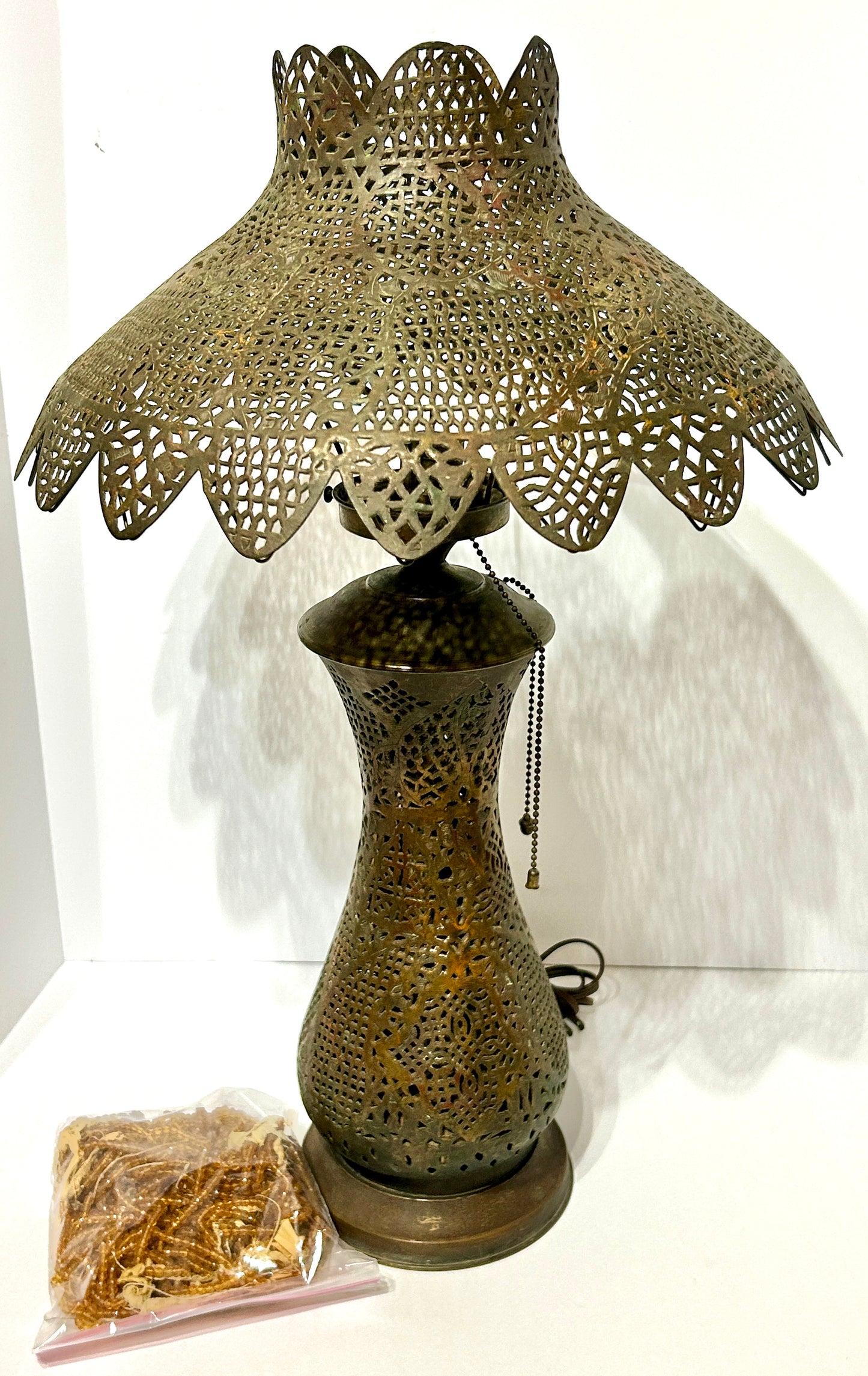 MID EASTERN ANTIQUE PIERCED BRASS TABLE LAMP
