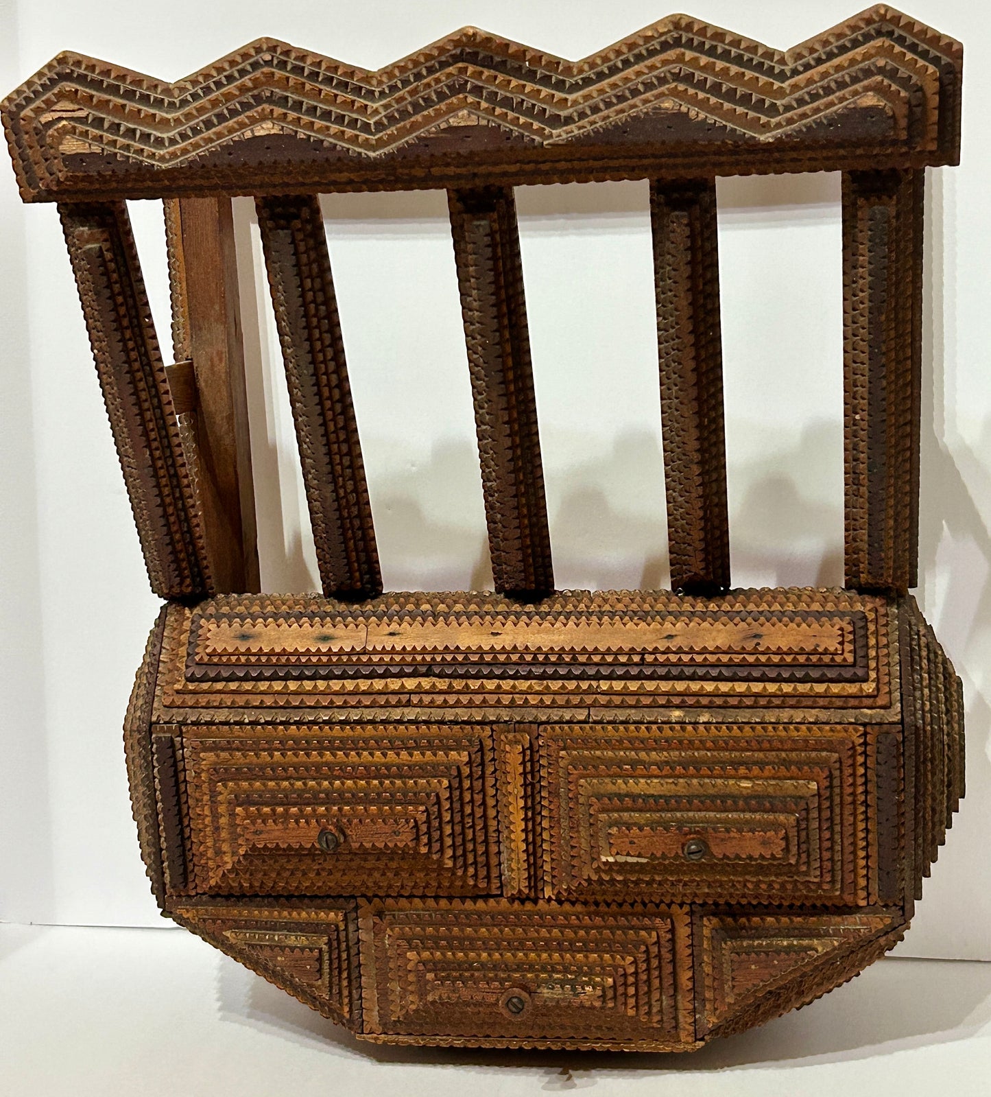 ANTIQUE TRAMP ART WALL MAGAZINE RACK WITH DRAWERS