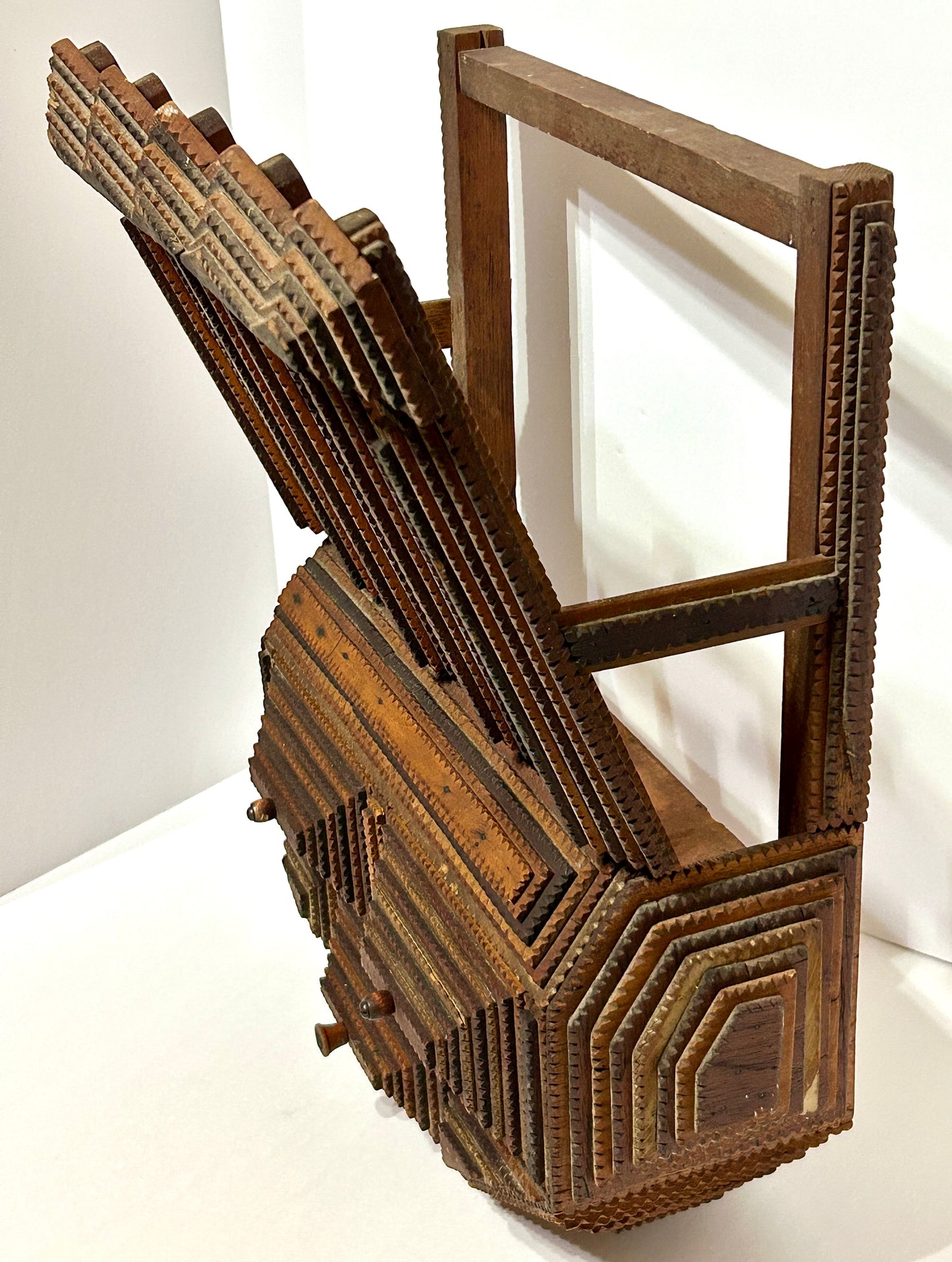 ANTIQUE TRAMP ART WALL MAGAZINE RACK WITH DRAWERS