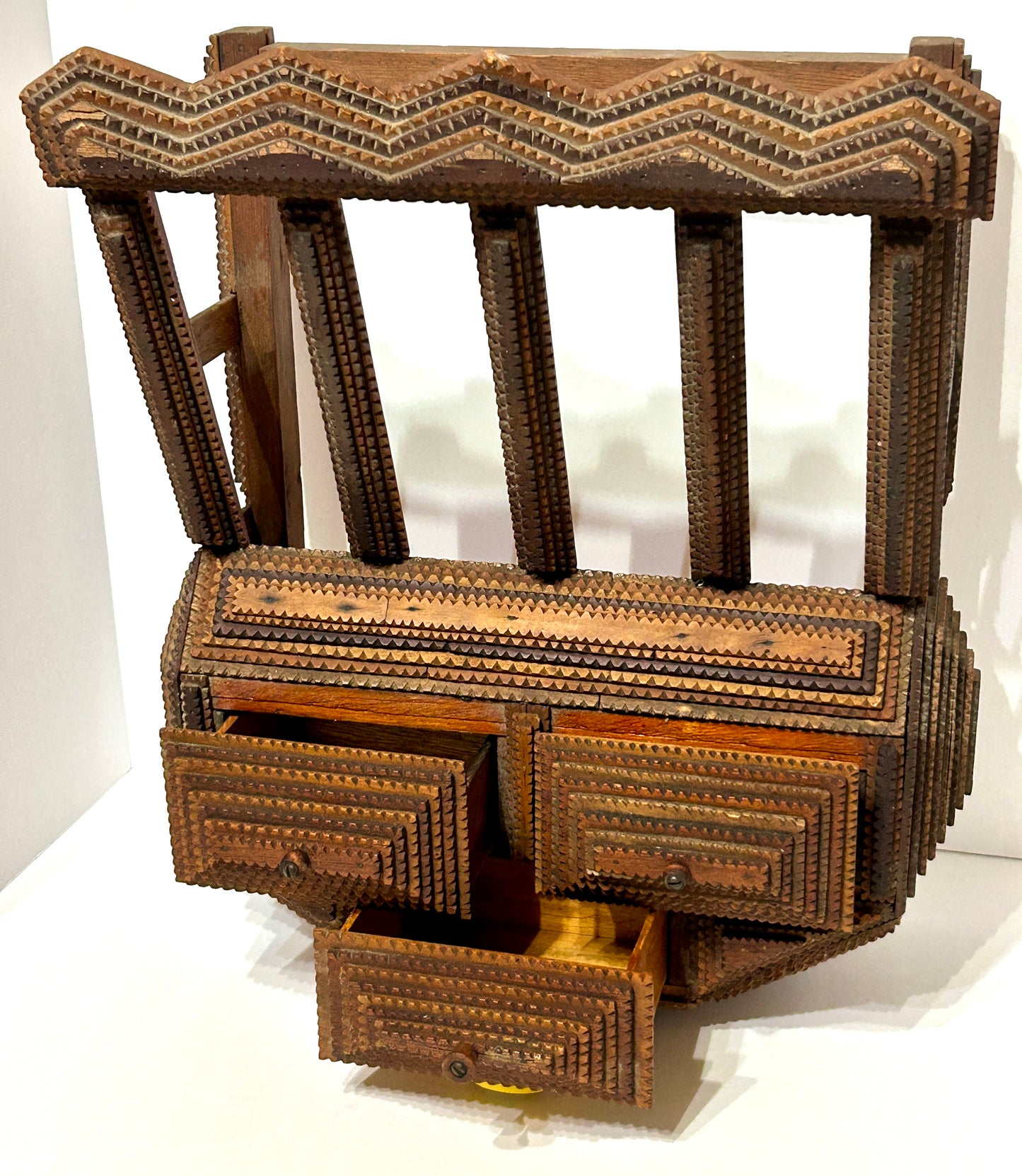 ANTIQUE TRAMP ART WALL MAGAZINE RACK WITH DRAWERS