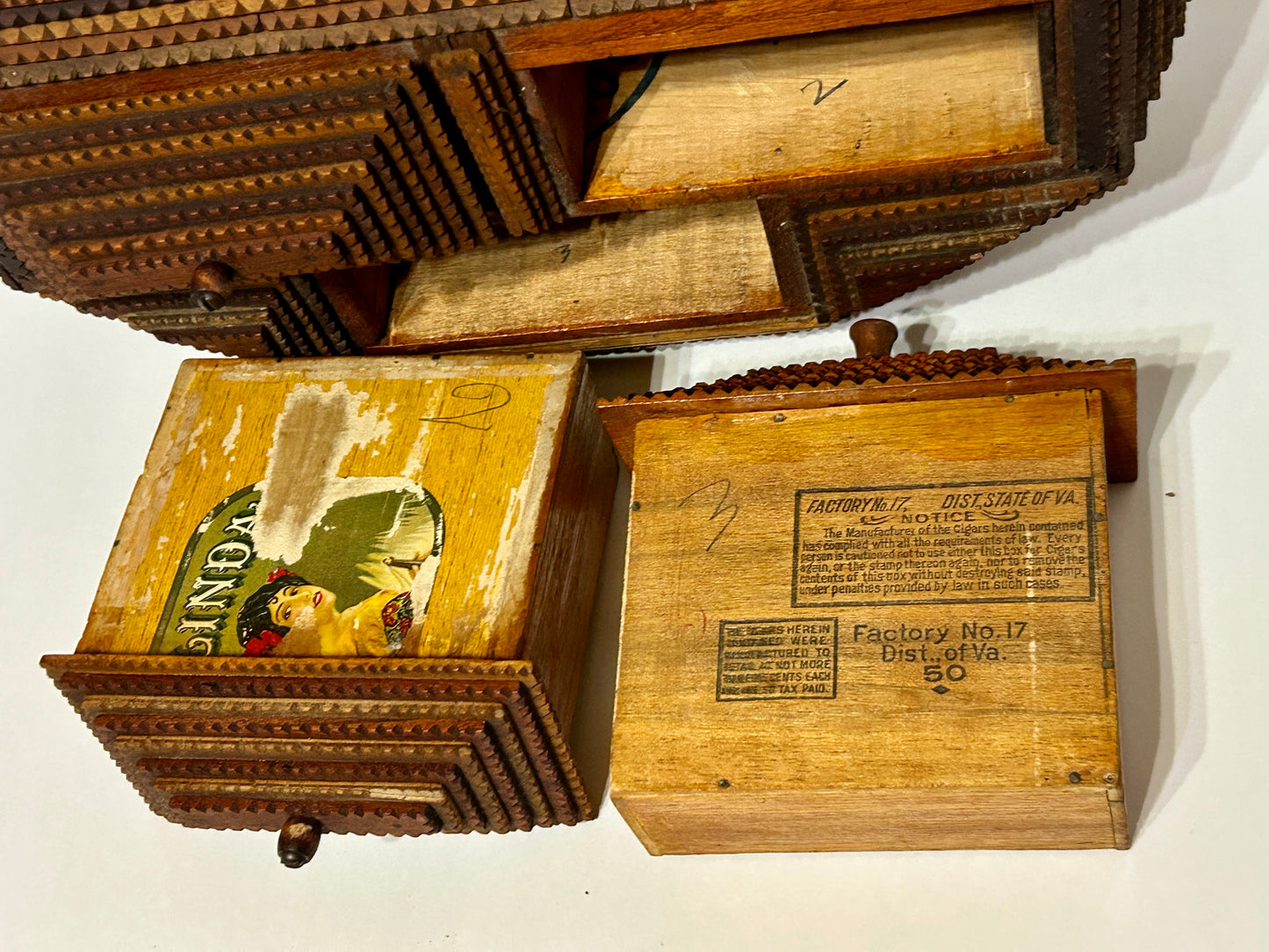 ANTIQUE TRAMP ART WALL MAGAZINE RACK WITH DRAWERS