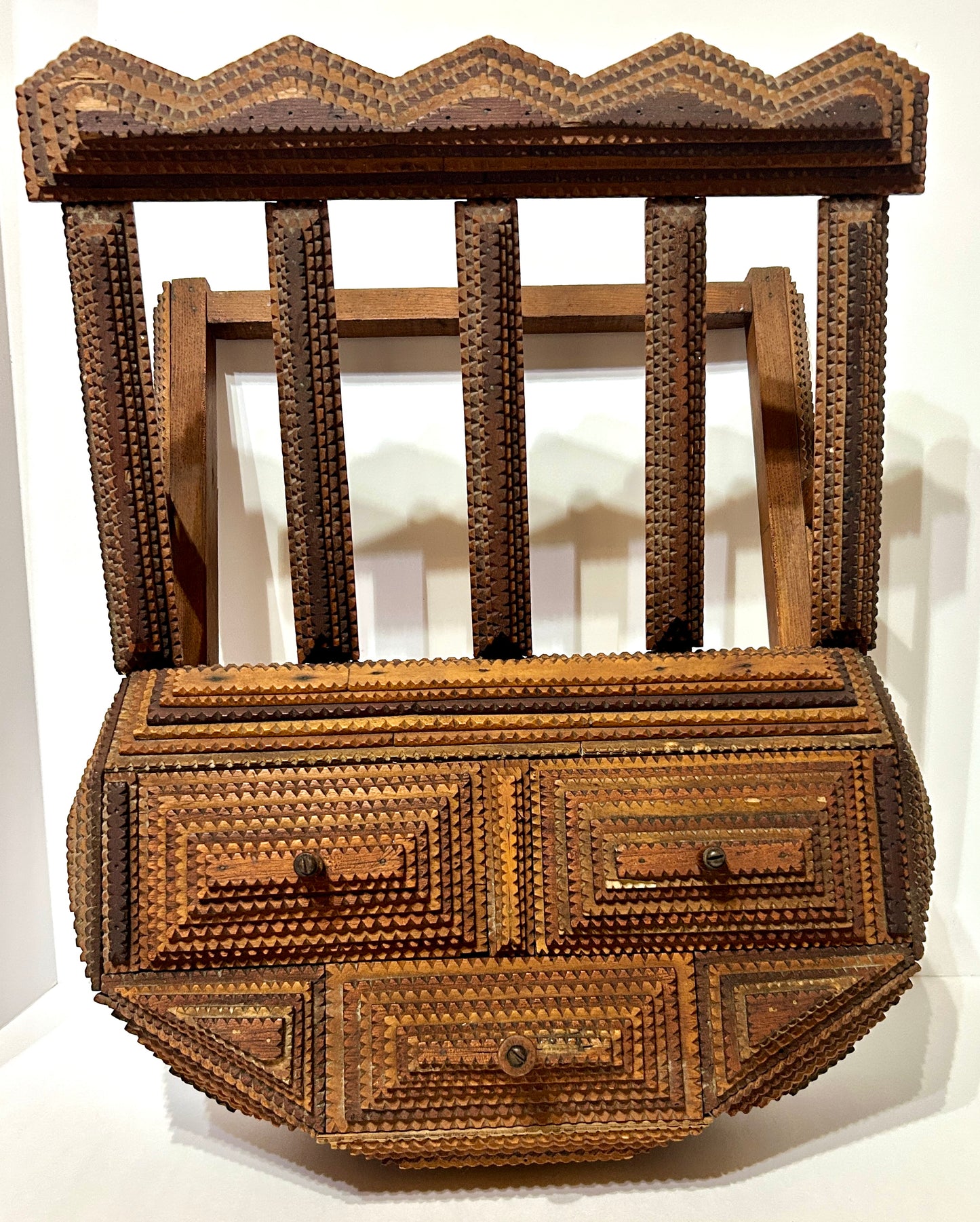 ANTIQUE TRAMP ART WALL MAGAZINE RACK WITH DRAWERS