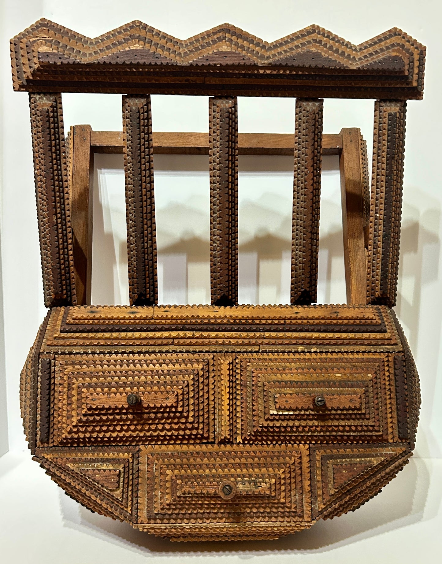 ANTIQUE TRAMP ART WALL MAGAZINE RACK WITH DRAWERS