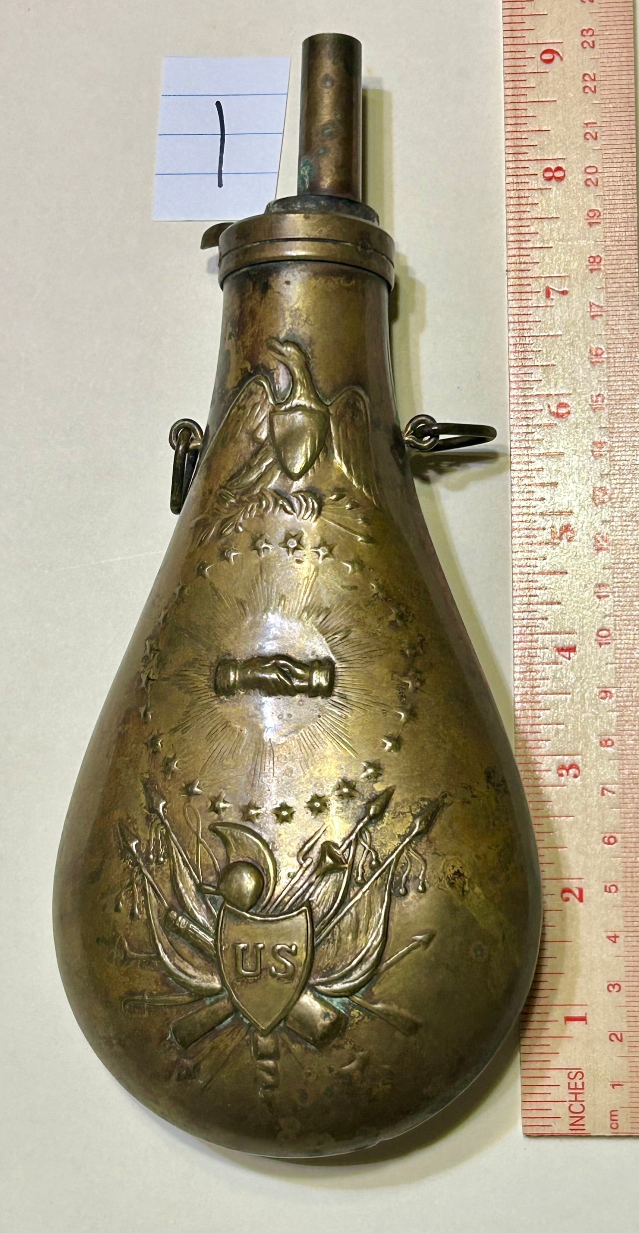 POWDER FLASK WITH PEACE TYPE DESIGNS OF EAGLE AND HANDS