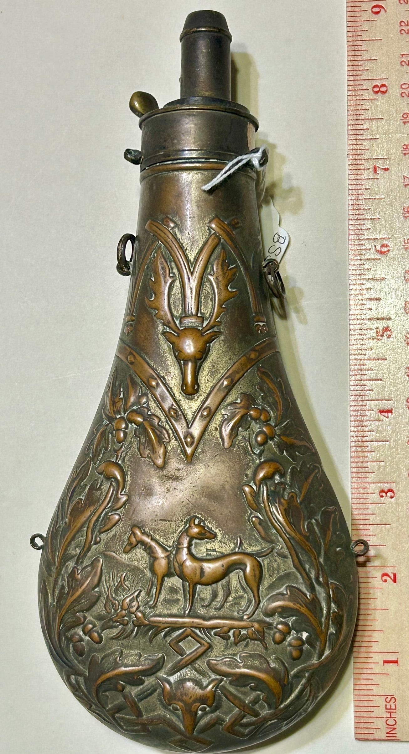 ANTIQUE POWDER FLASK WITH FOX, STAG & HOUNDS