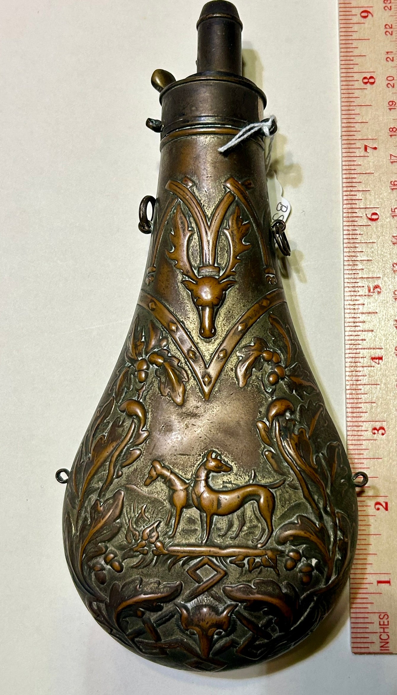 ANTIQUE POWDER FLASK WITH FOX, STAG & HOUNDS