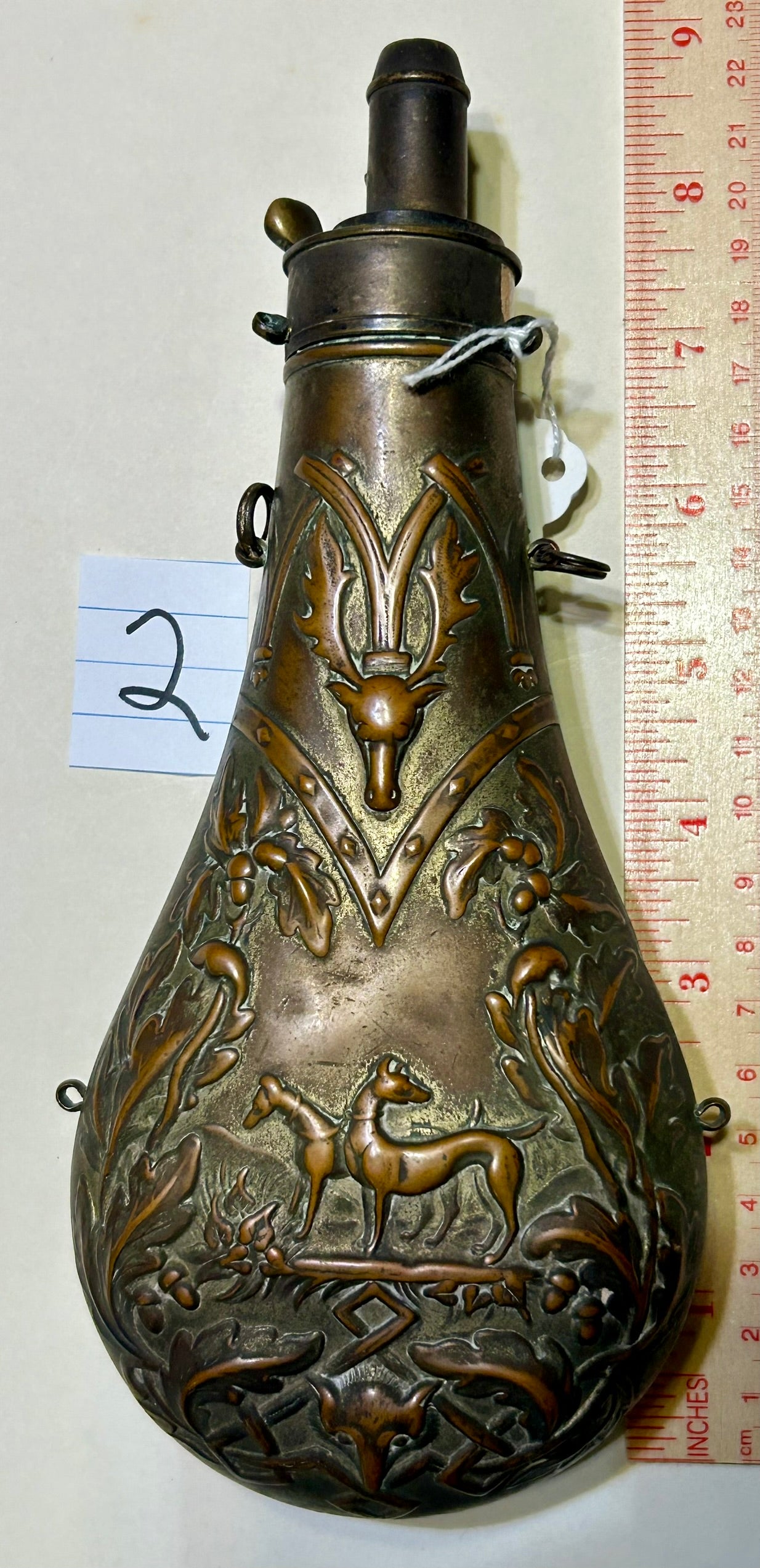 ANTIQUE POWDER FLASK WITH FOX, STAG & HOUNDS