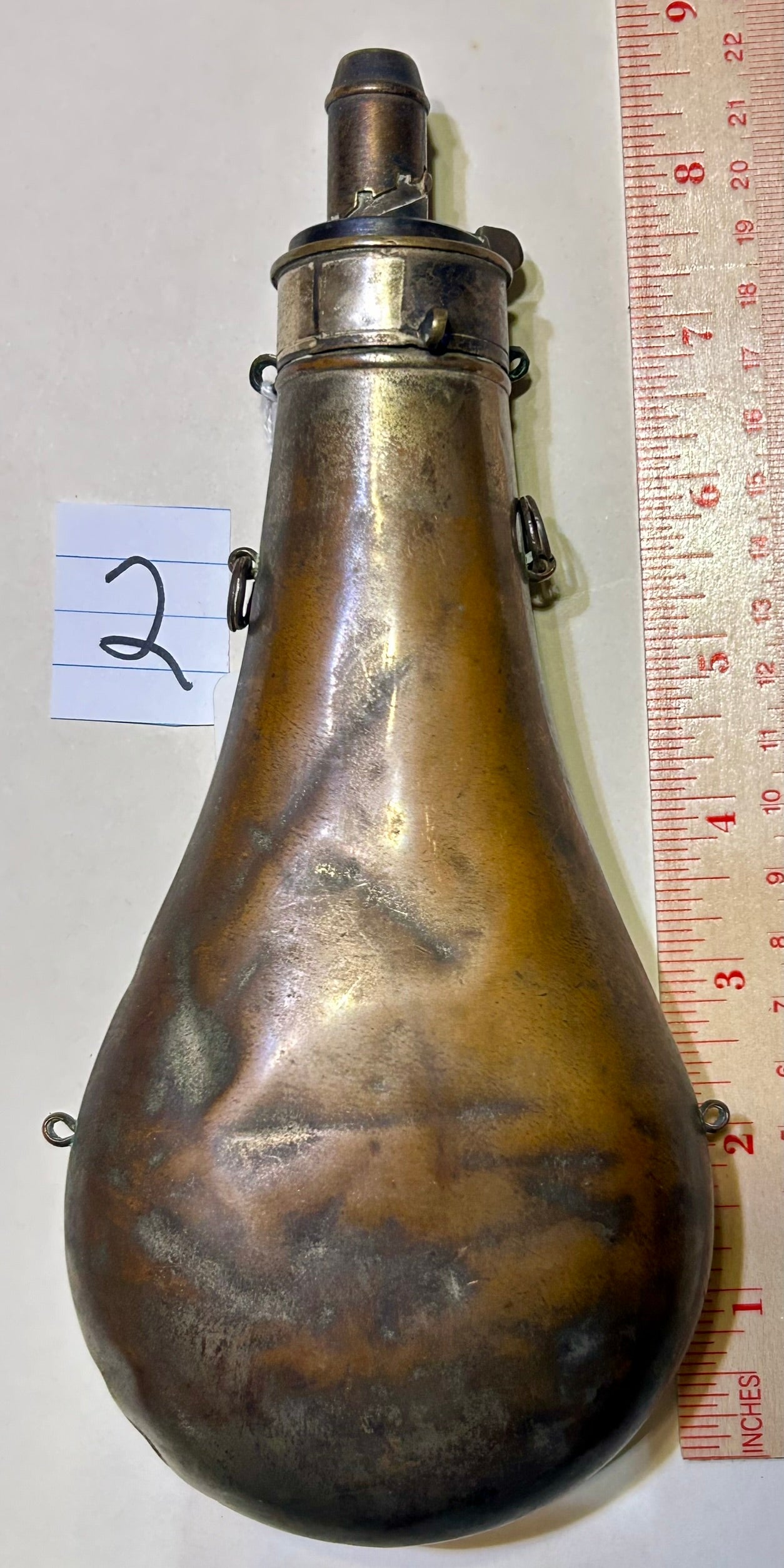 ANTIQUE POWDER FLASK WITH FOX, STAG & HOUNDS