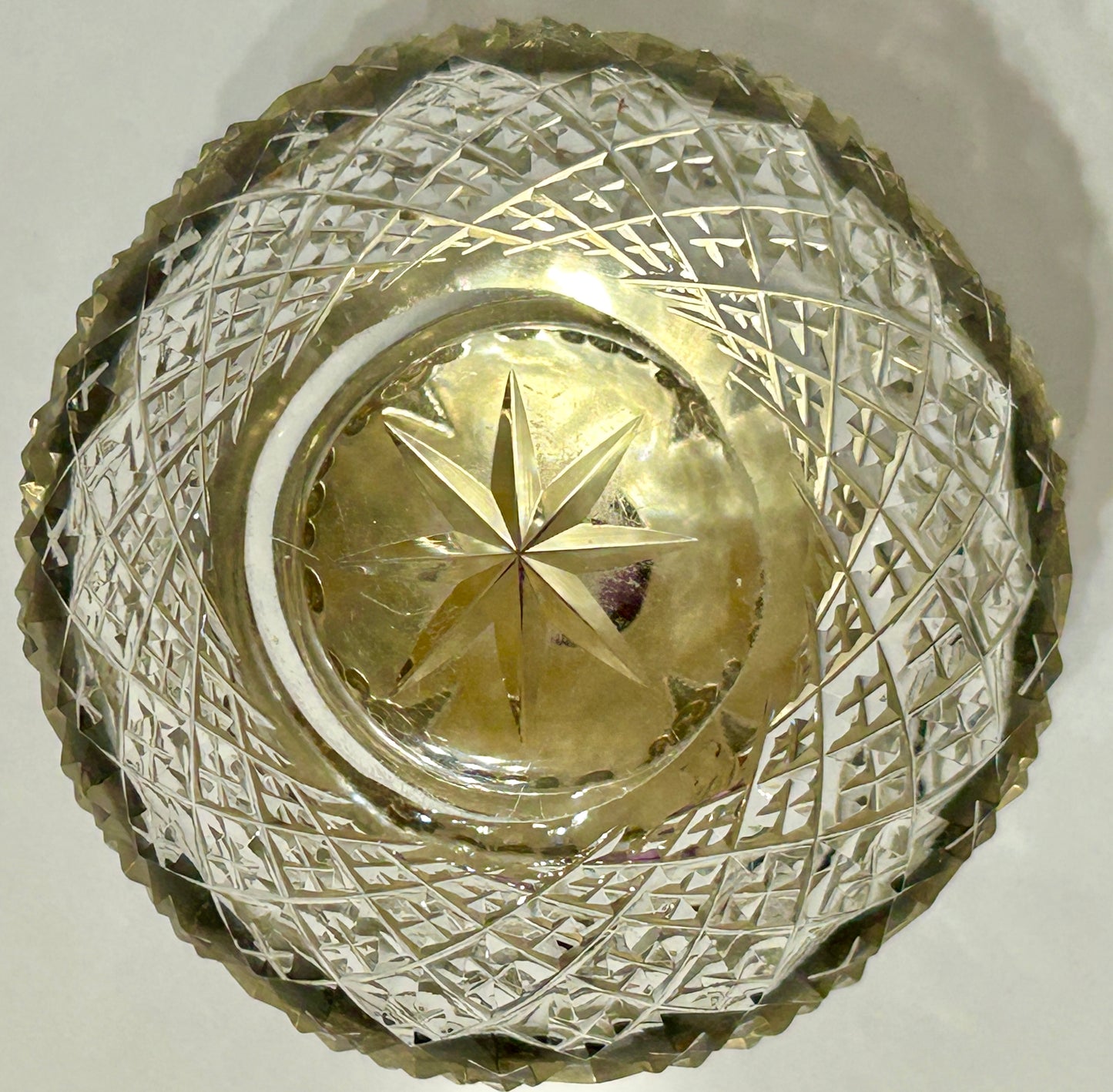 POWDER JAR ANTIQUE WITH STERLING AND AMETHYST COLOR STONE ON CUT GLASS JAR