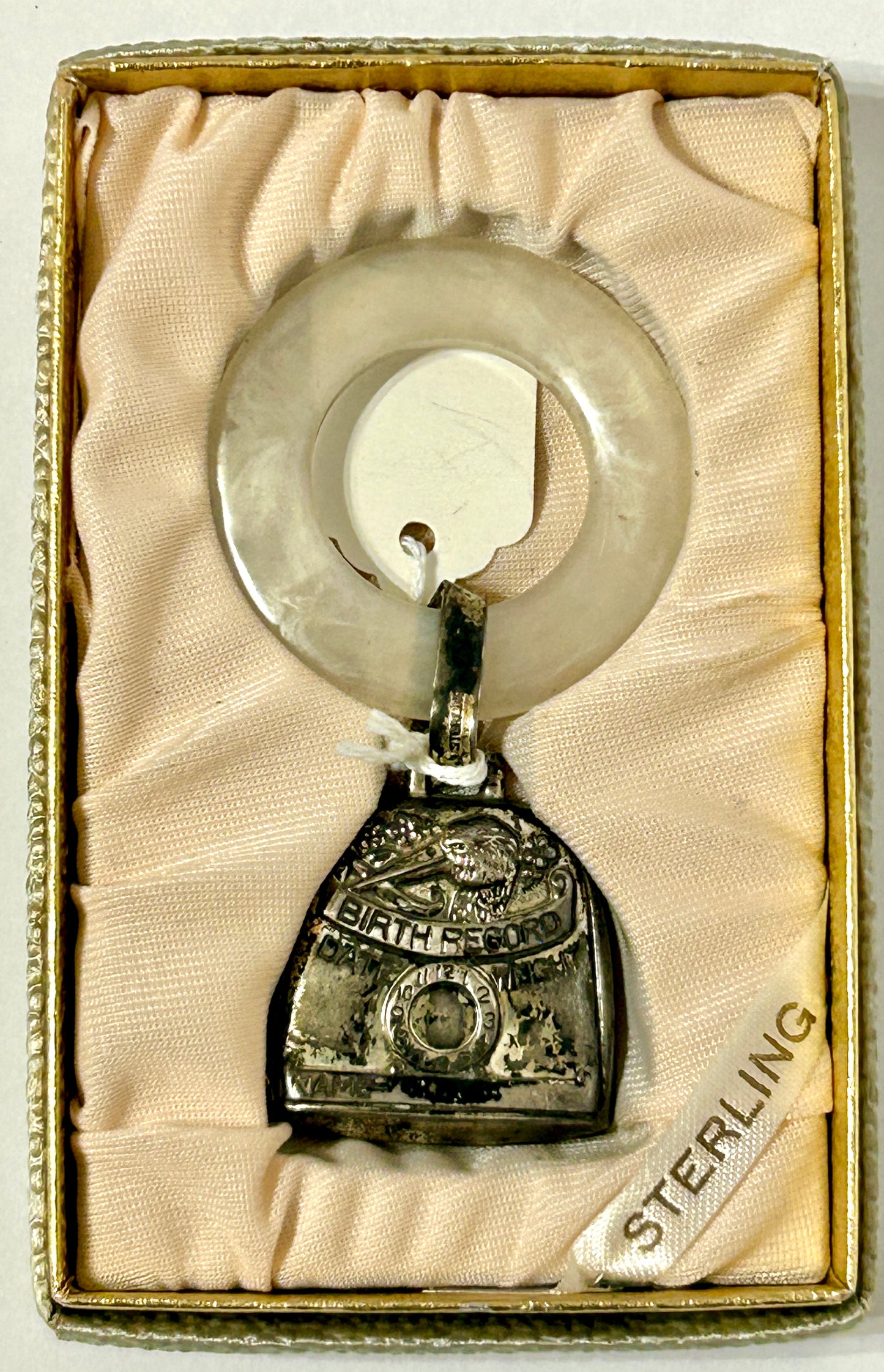 TEETHING RING ANTIQUE WITH STERLING AND MOTHER OF PEARL