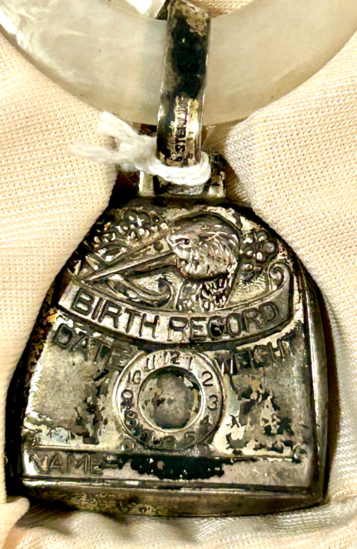 TEETHING RING ANTIQUE WITH STERLING AND MOTHER OF PEARL