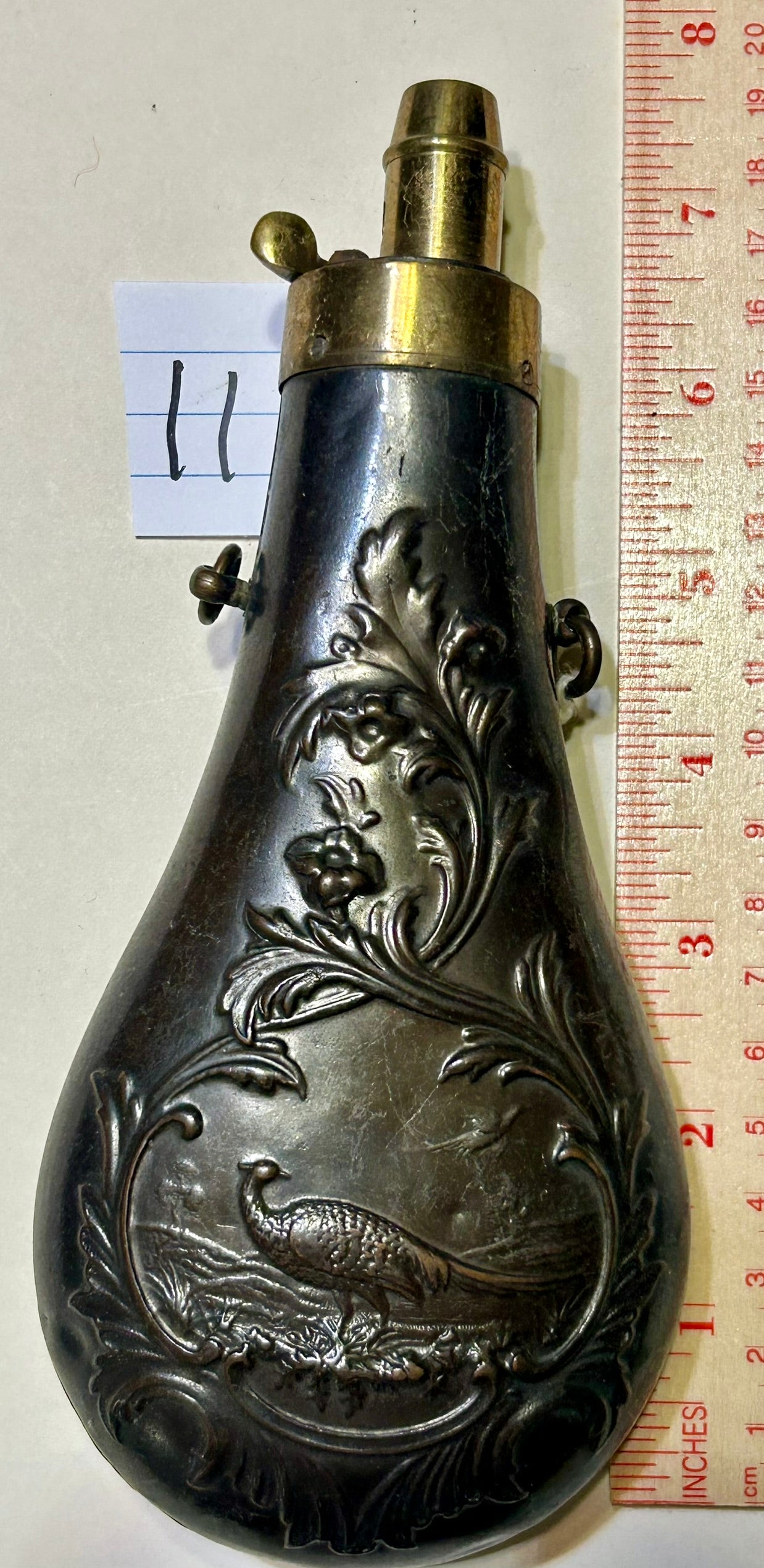 ANTIQUE PHEASANT DESIGN POWDER FLASK