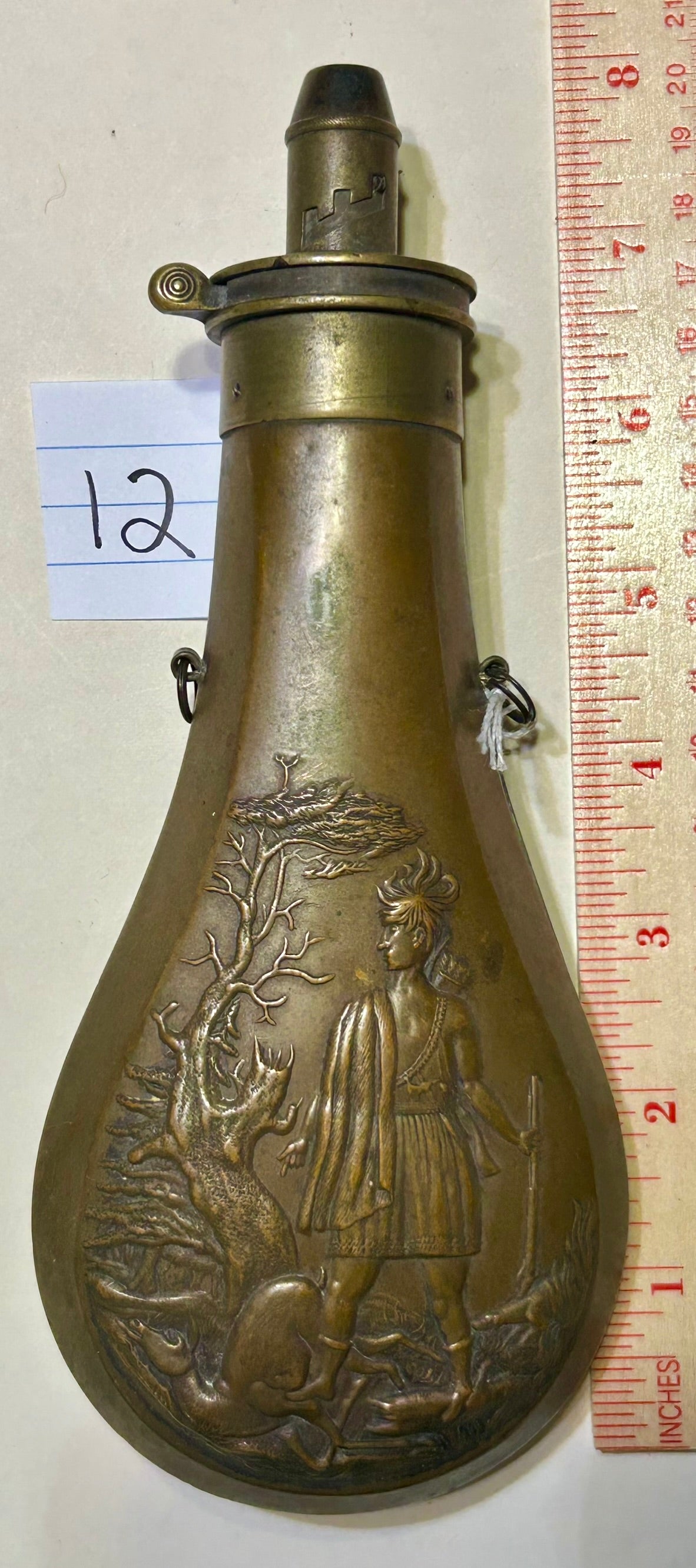 ANTIQUE POWDER FLASK WITH NATIVE AMERICAN BY BATTY