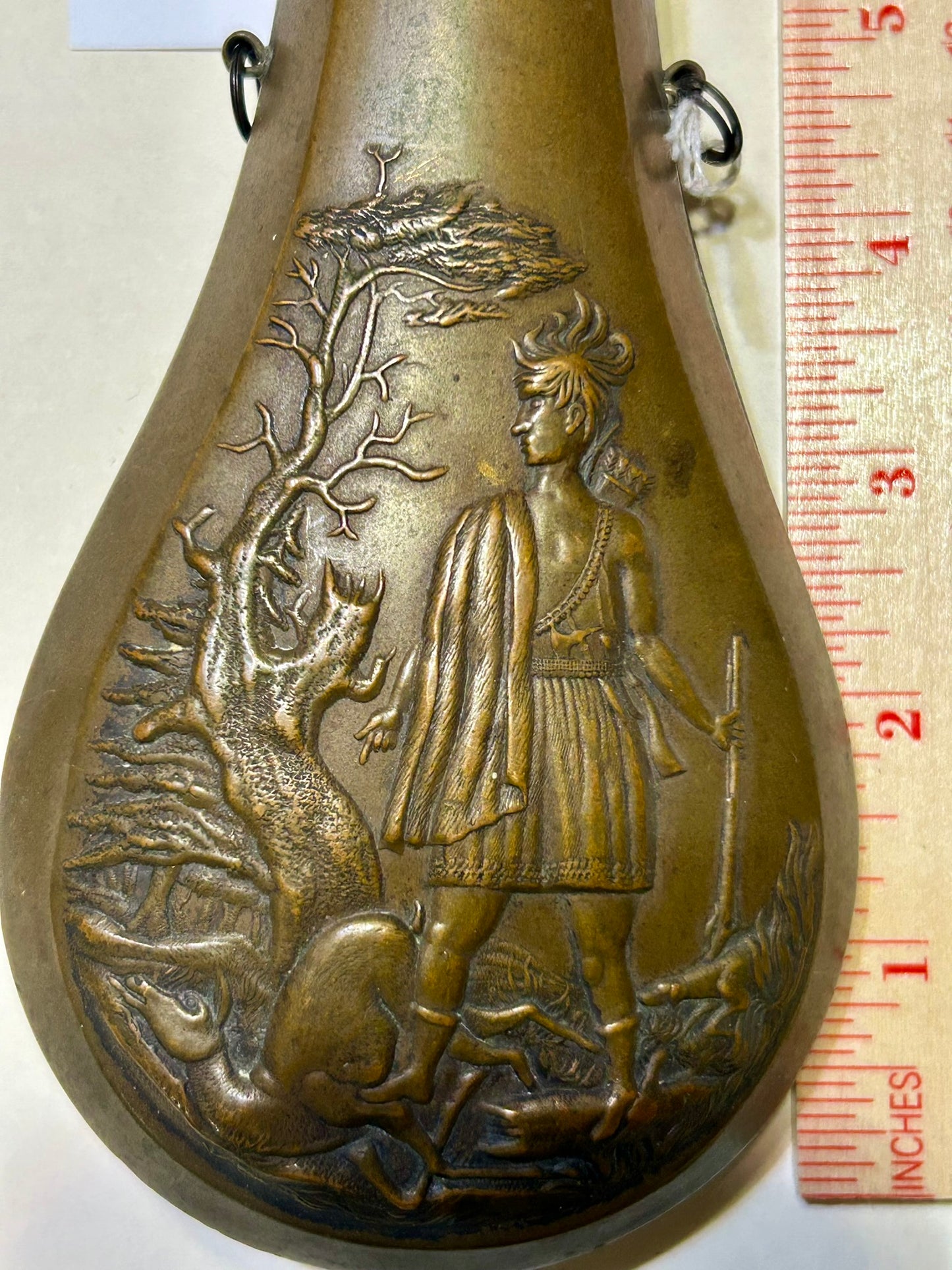 ANTIQUE POWDER FLASK WITH NATIVE AMERICAN BY BATTY