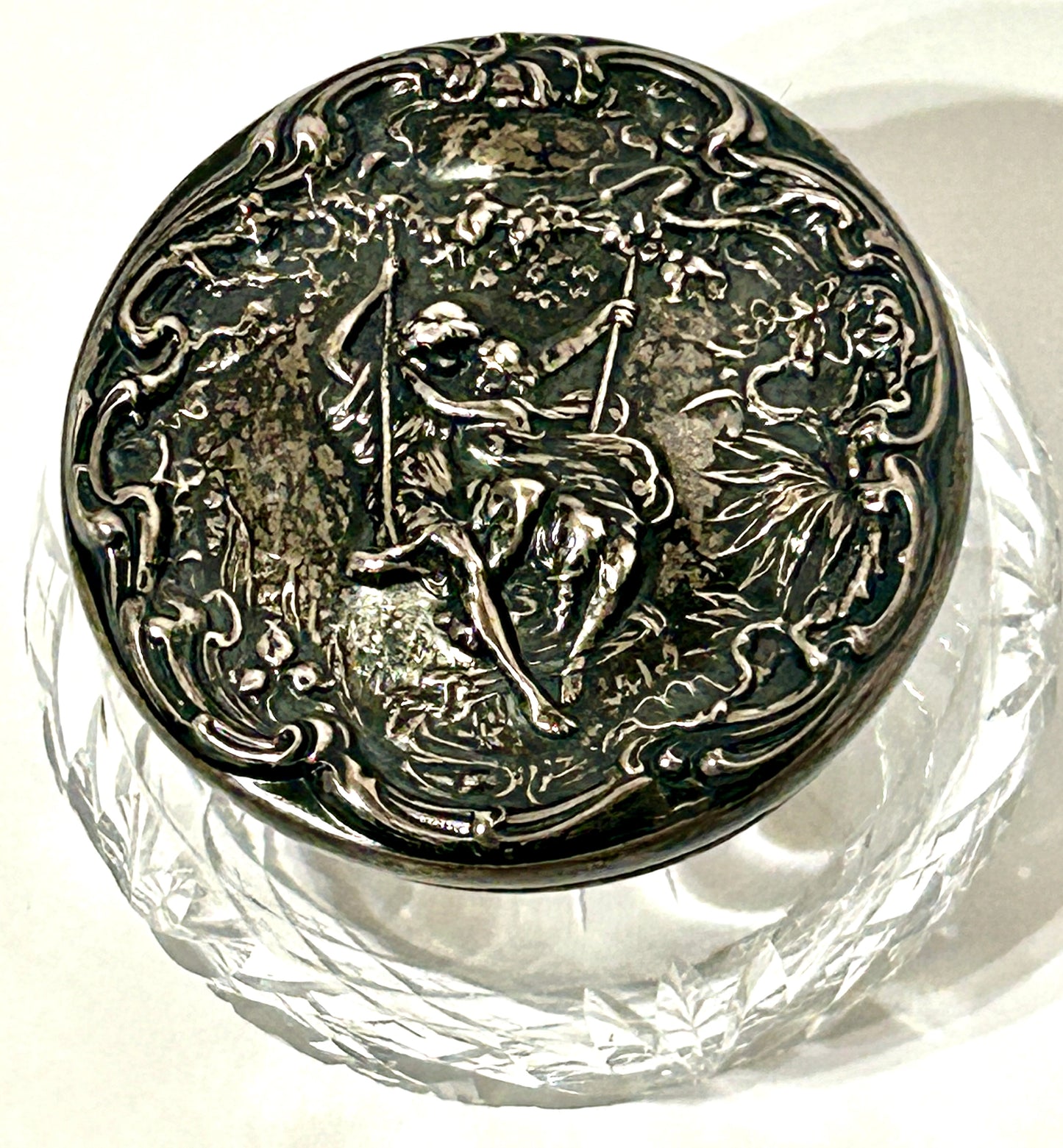 ANTIQUE POWDER JAR STERLING "LOVERS" LID ON GLASS