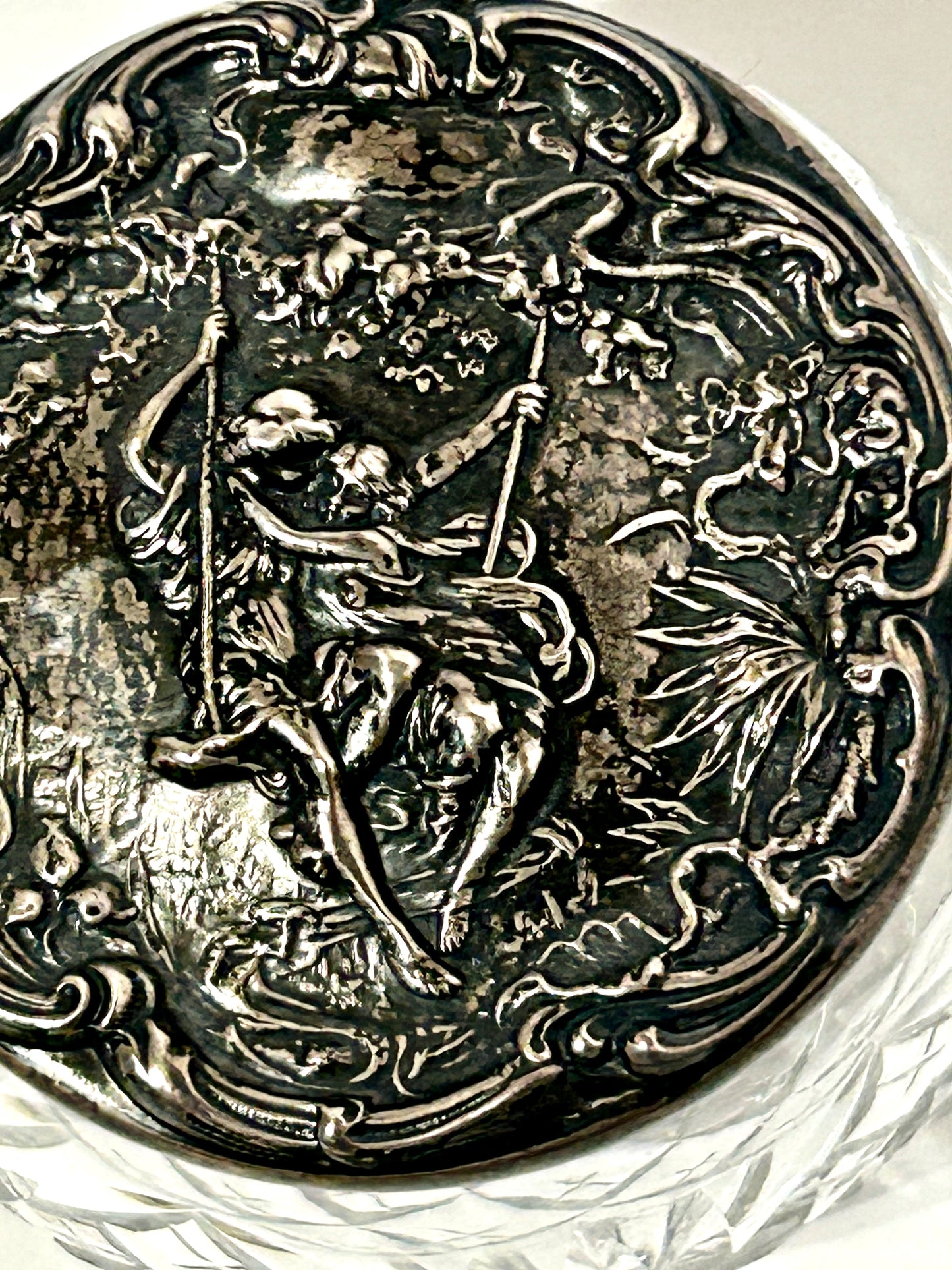 ANTIQUE POWDER JAR STERLING "LOVERS" LID ON GLASS