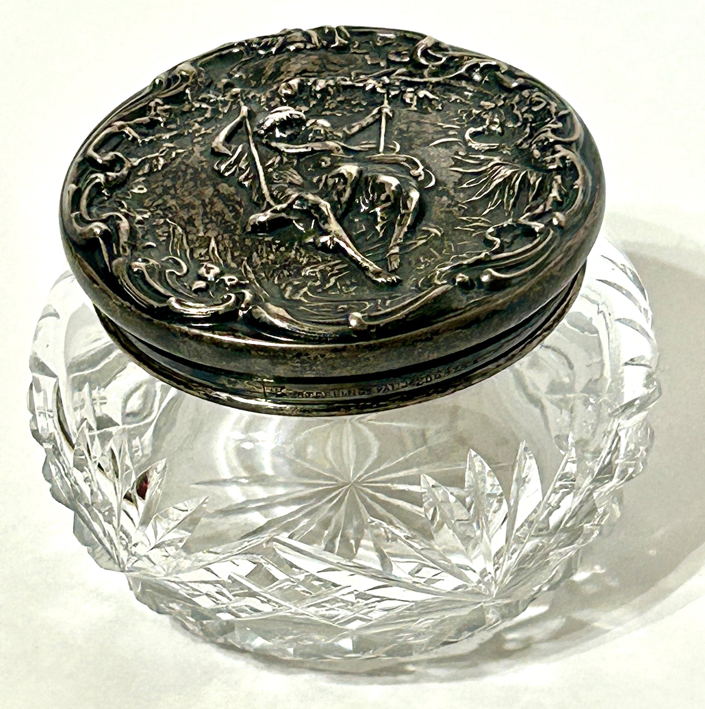ANTIQUE POWDER JAR STERLING "LOVERS" LID ON GLASS